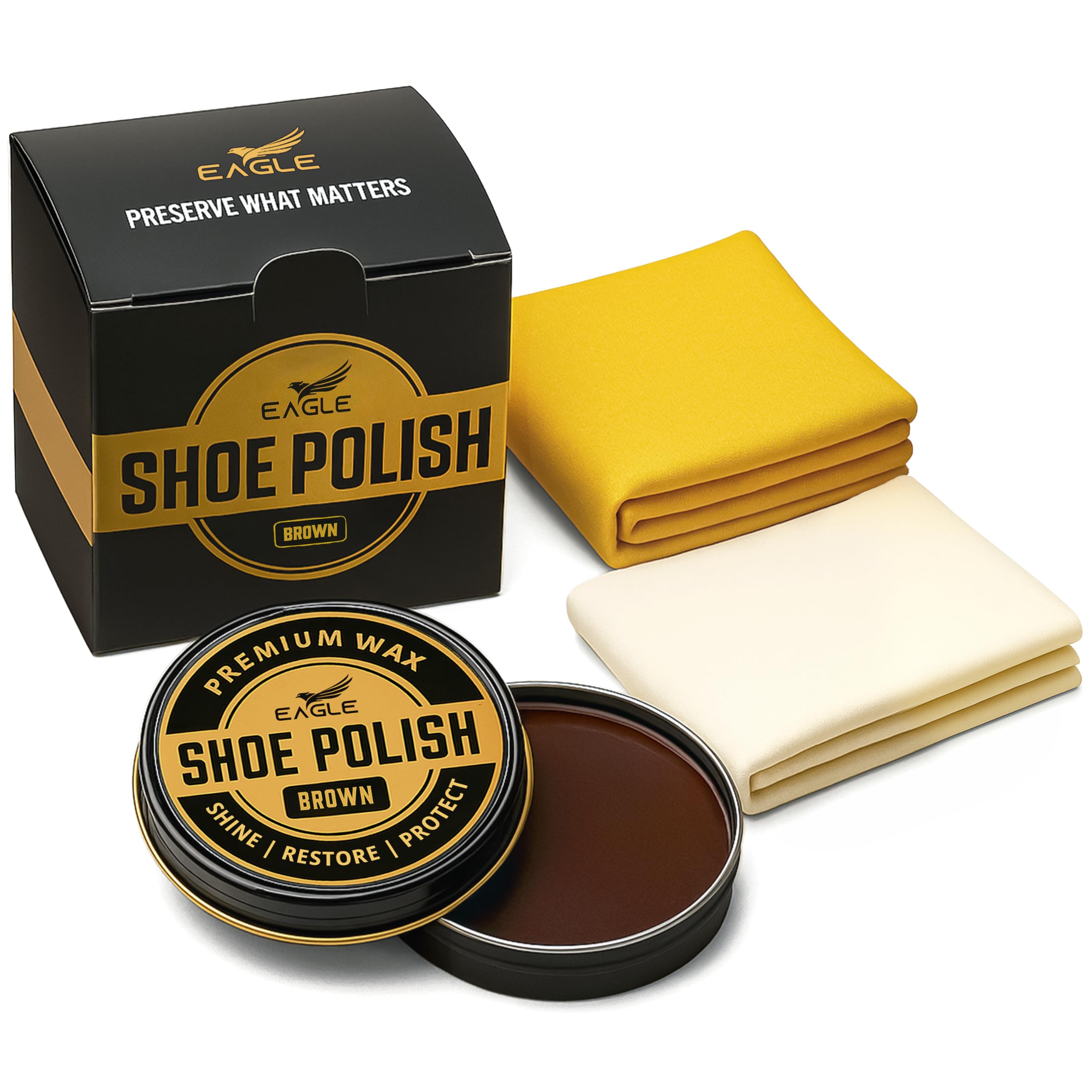 Eagle Shoe Polish Wax Premium High-Gloss Shine Restores Color Covers Scuffs Nourishes Protects - 3-Piece Kit