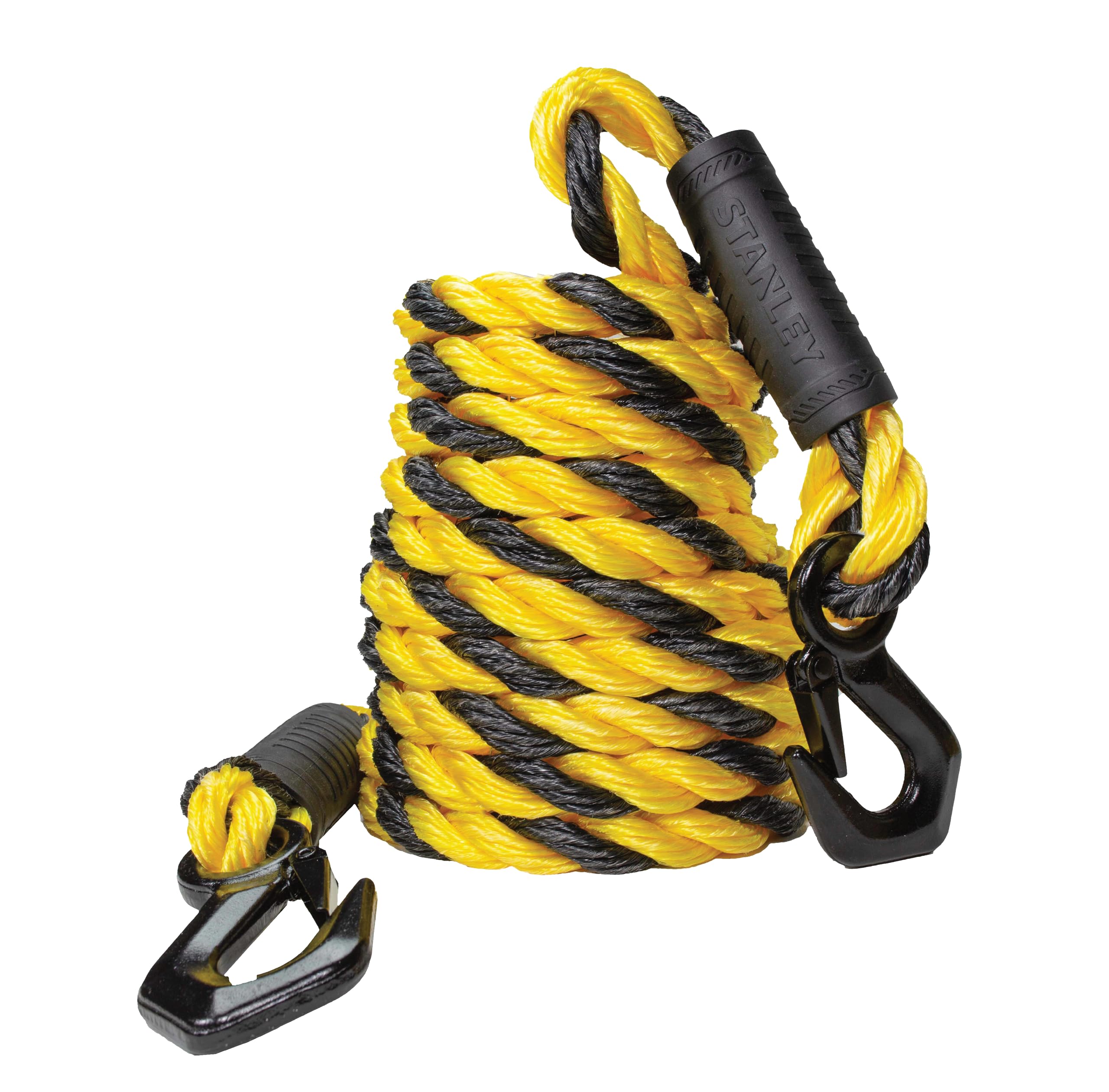 STANLEY S1052 Black/Yellow 5/8" x 15' Poly-Blend Braided Tow Rope with Heavy Duty Black Tri-Hooks - 2,400 lb Safe Working Load / 7,200 lb Break Strength