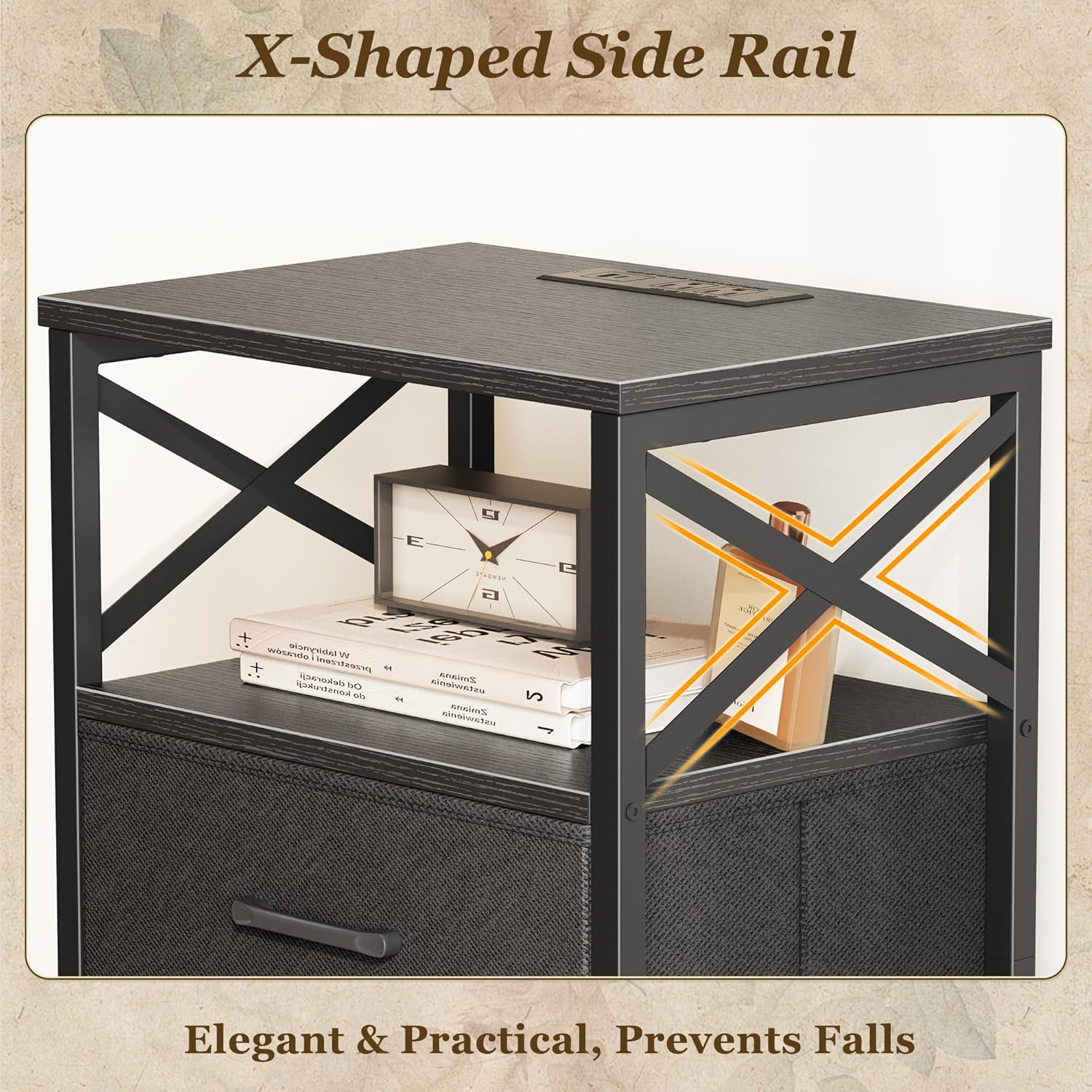 Huuger Nightstands Set of 2, Night Stand with Charger Station, 2 Drawer Side Table with Open Shelf, USB-C Port, End Table for Small Spaces, X Shaped Side Rail, Black