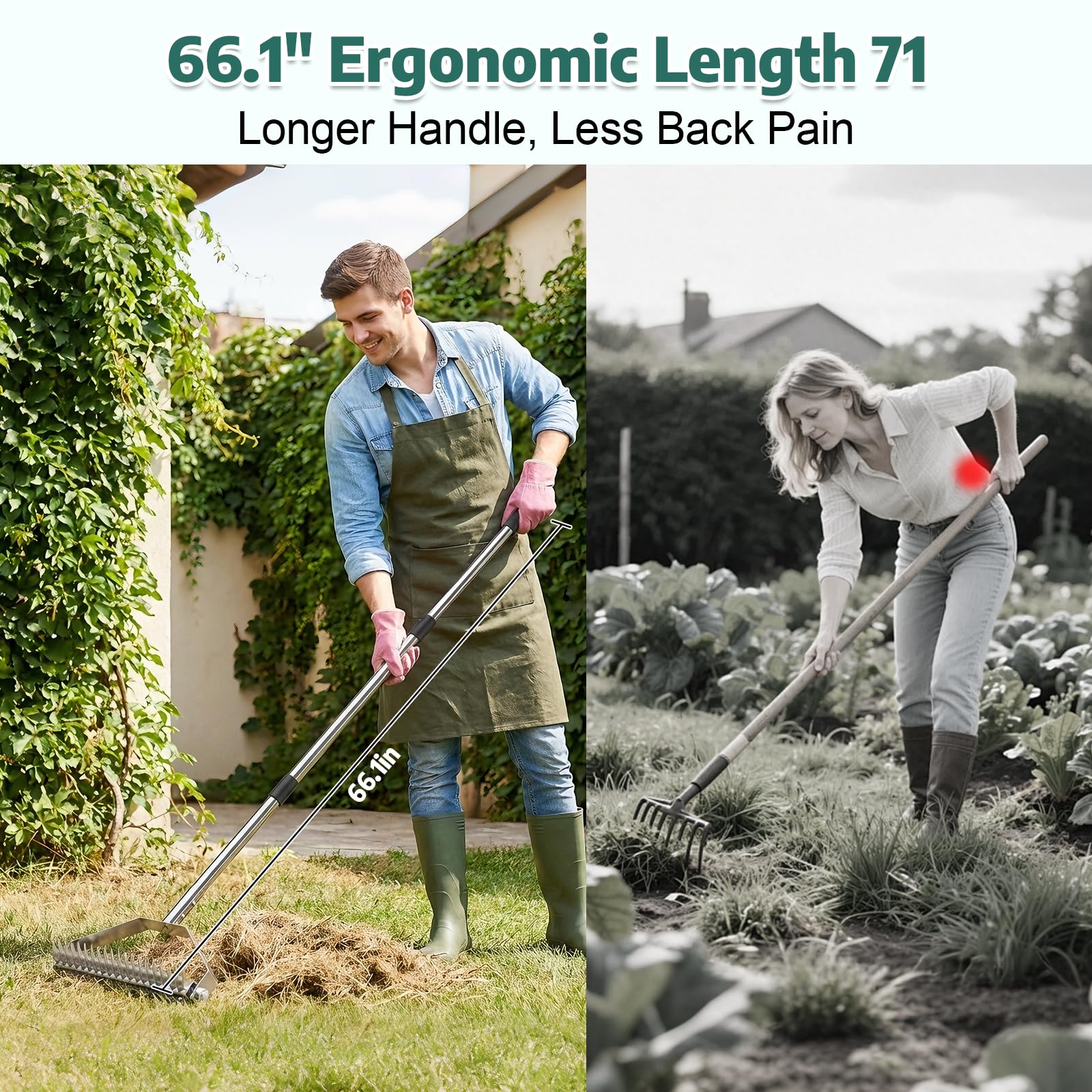 Rastrillo nivelador de césped de 36" x 10", nivelador de césped de metal resistente con mango largo ergonómico de 77", herramienta niveladora de césped, rastrillo paisajístico para jardín, patio, cé