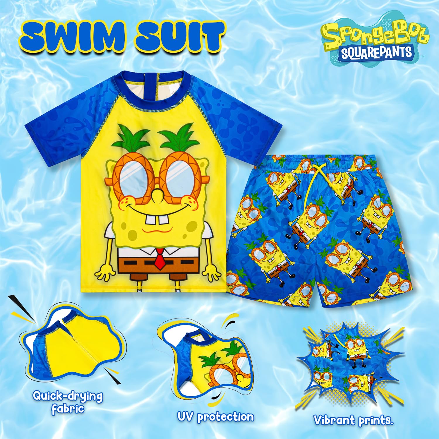 SPONGEBOB SQUAREPANTS Conjunto de natación para niños, chaleco de erupción de 2 piezas y pantalones cortos, traje de baño para niños con cremallera trasera, ropa de playa para vacaciones, edades de 4