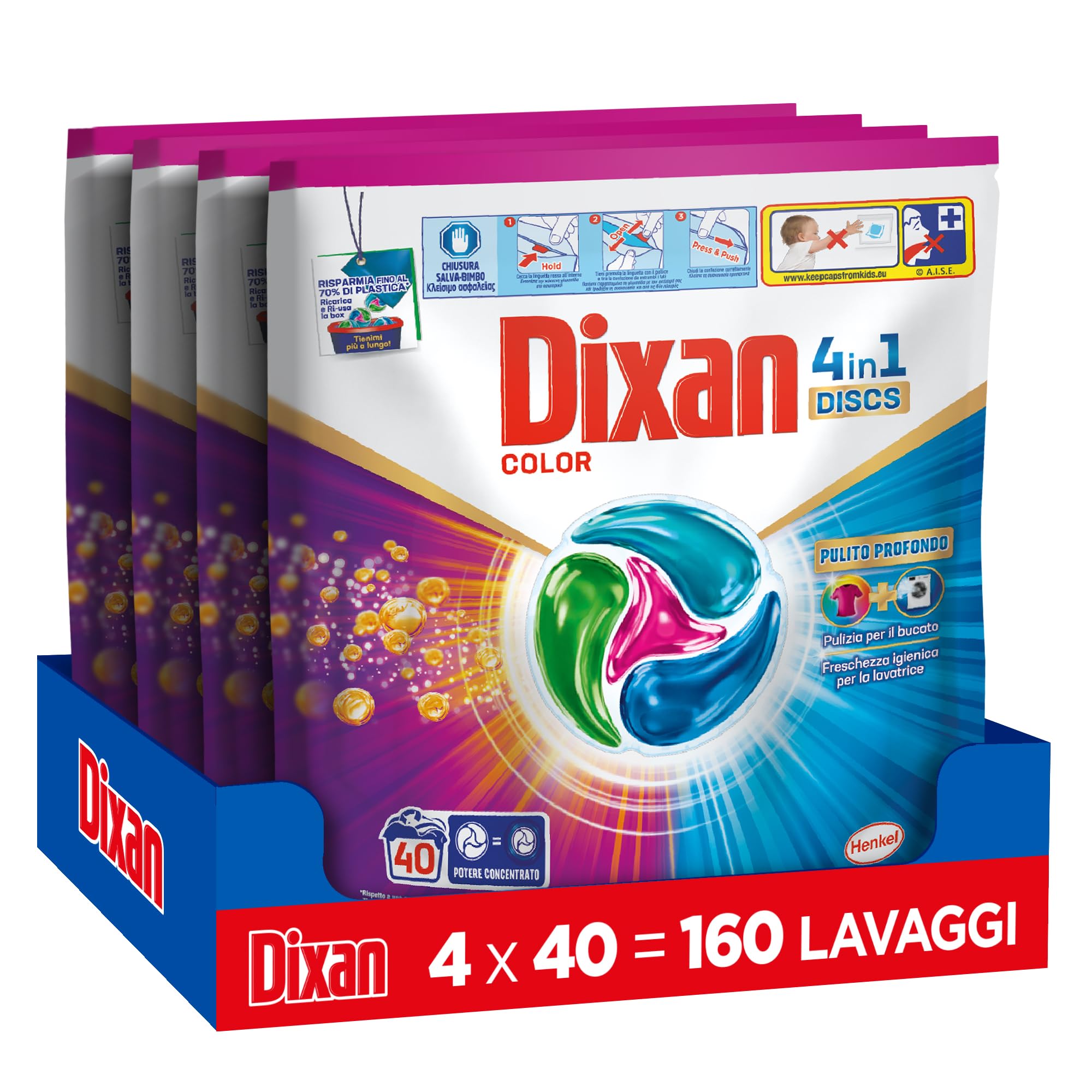 Dixan DISCS 4in1 Color Detersivo Lavatrice, 4 confezioni da 40 lavaggi, Capsule lavatrice per colori vivaci, pulizia profonda del bucato e freschezza igienica per lavatrice, Rimuove le macchie da 20°C