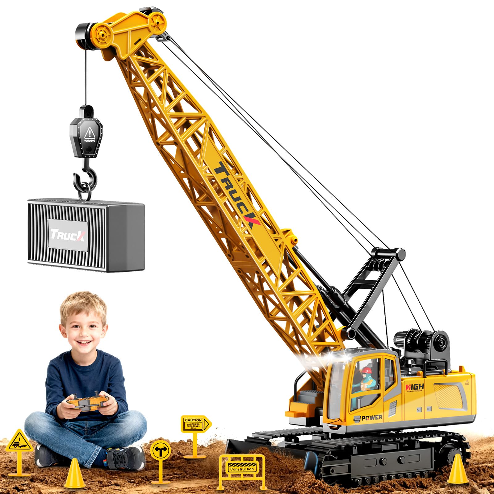 1:16 Grue télécommandée, 13 Canaux Jouet Grue Télécommandée avec Lumières Pulvérisé Sons Réalistes, Grand Engins de Construction Grues Cadeaux pour Enfants 6+ Ans (Jaune)
