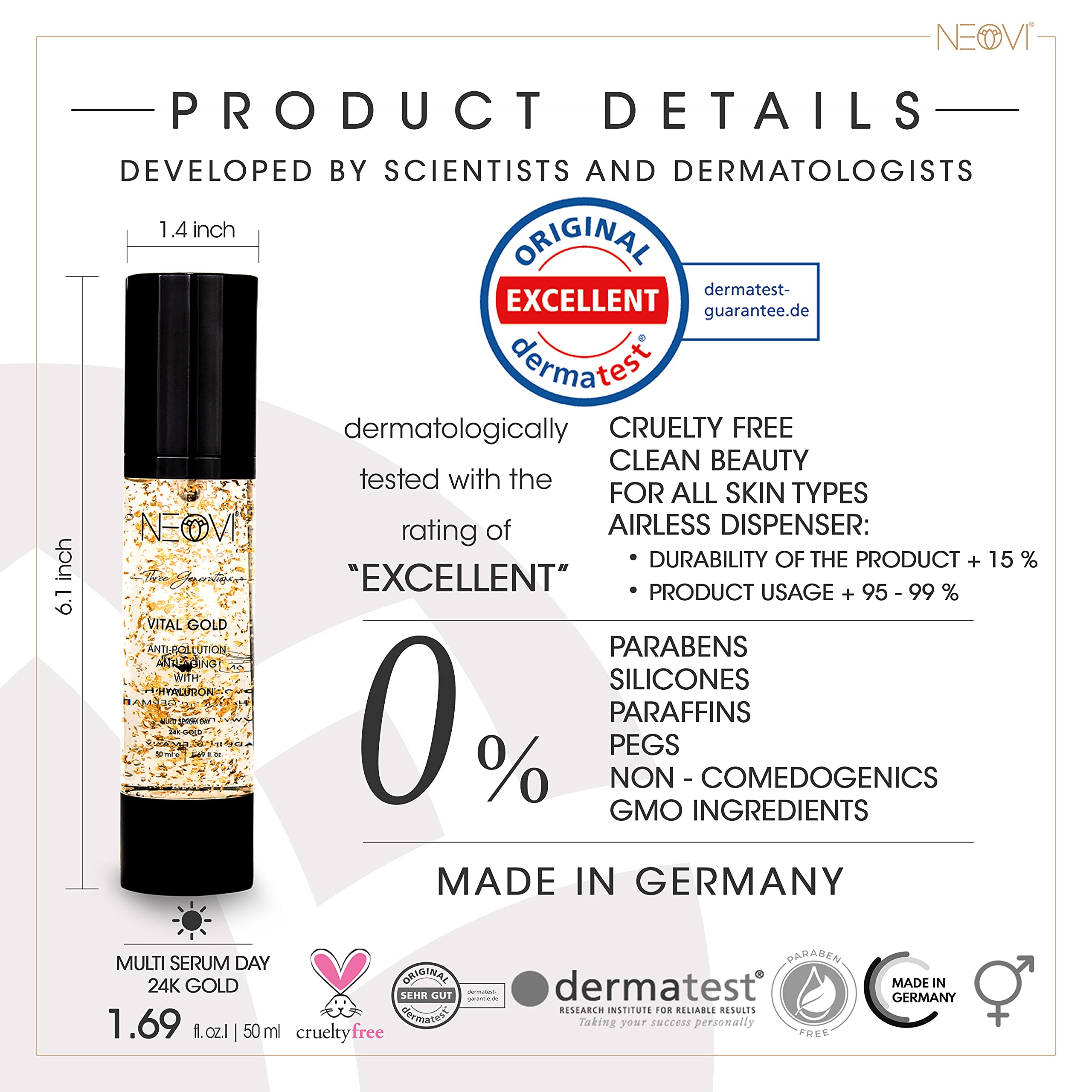 VITAL GOLD 50ml | Hyaluronsäure Serum mit 24K Gold | HYALURON Anti Aging & Anti Falten | Vitamin A, B, C | Feuchtigkeitscreme | Derma Test sehr Gut