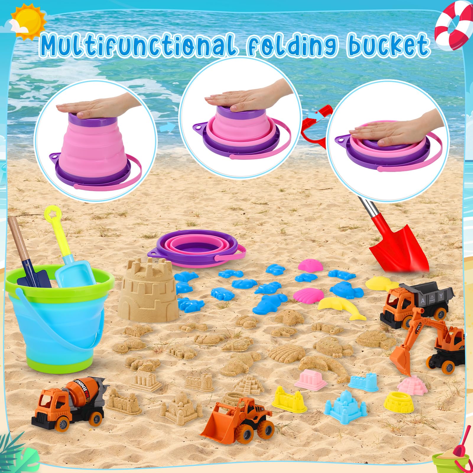 Beach Toys Sandspielzeug, 36 Teile mit 4 Baufahrzeugen, faltbarer Strandeimer, 2 Schlosswürfel, 1 Stück, Sandburg, Schaufelset