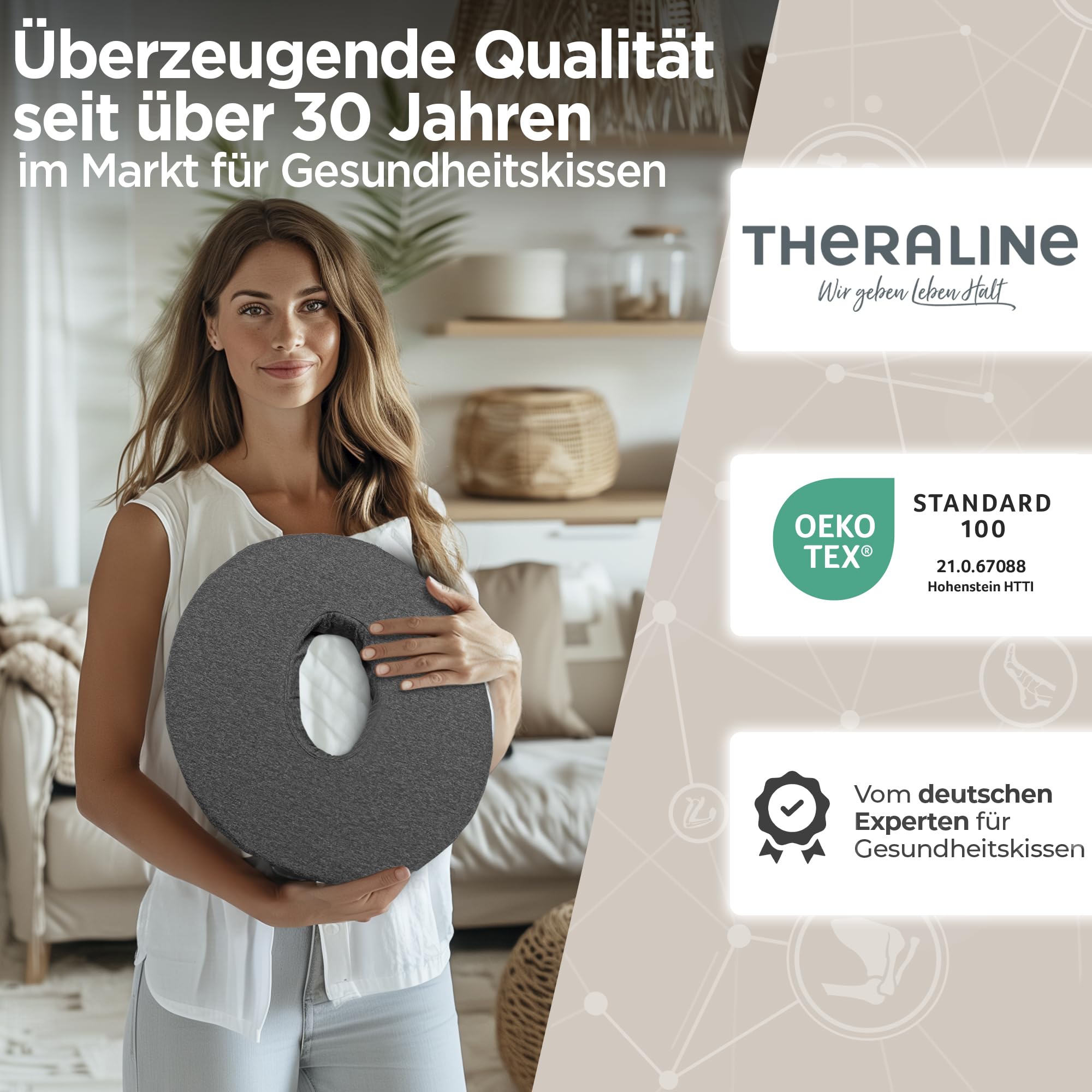 Theraline Ergonomischer Sitzring zur Steißbein Entlastung, Sitzring nach OP, Geburt oder als Hämorrhoiden Sitzkissen, orthopädisches Donut Kissen (Anthrazit Melange) | Entlastendes Ringkissen zum Sitzen & Liegen - OekoTex geprüftes Donut Kissen mit Loch &