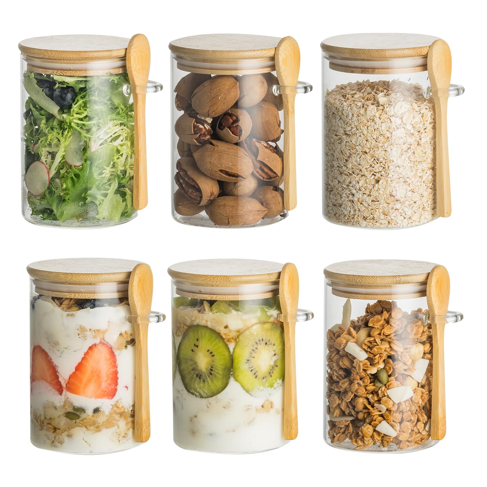 Paquete de 6 tarros de vidrio de 16 onzas con tapas y cucharas de bambú, recipiente de avena durante la noche, recipientes de vidrio para yogur, ensalada, azúcar, avena, cereales