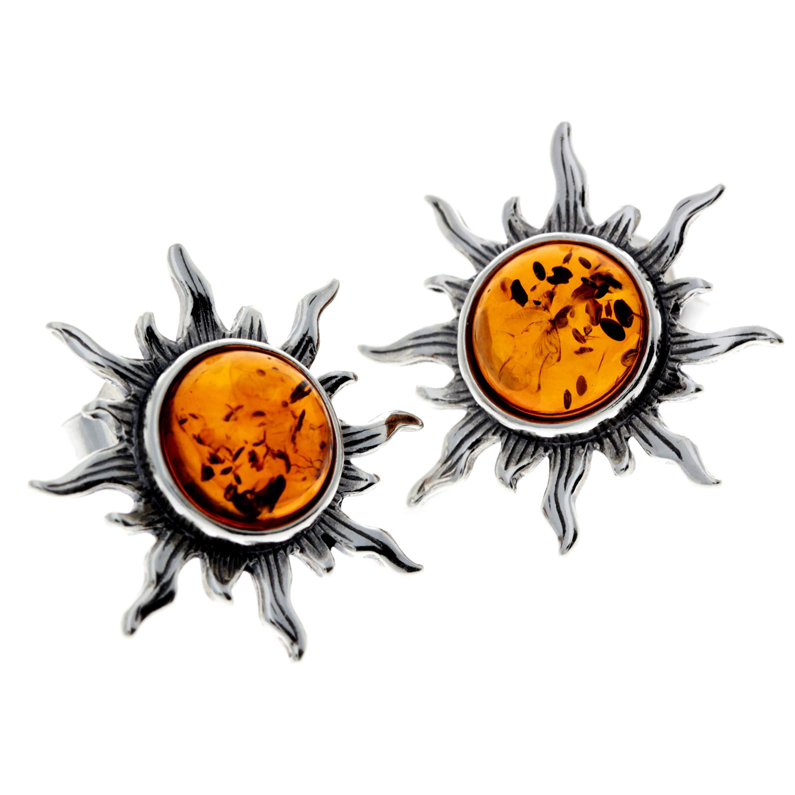 SilverAmber Jewellery UK - Srebro próby 925 z bursztynem bałtyckim - Kolczyki owalne w kształcie gwiazd i słońca - 8222