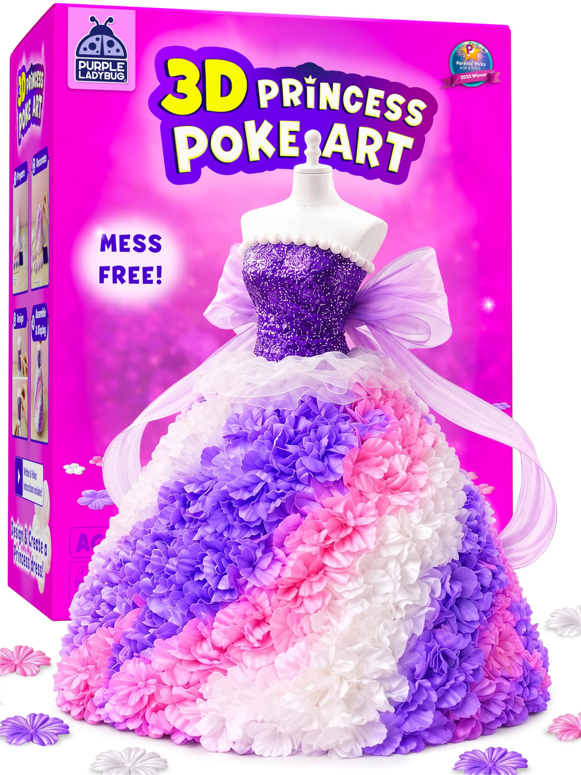 PURPLE LADYBUG Poke in Art - Craft Kit for Kids, Birthday Gift for Girls Ages 6 7 8 9, DIY Flower Foam Creative Activity, Mess-Free Fun Princess Dress Theme for Summer Vacation Activity