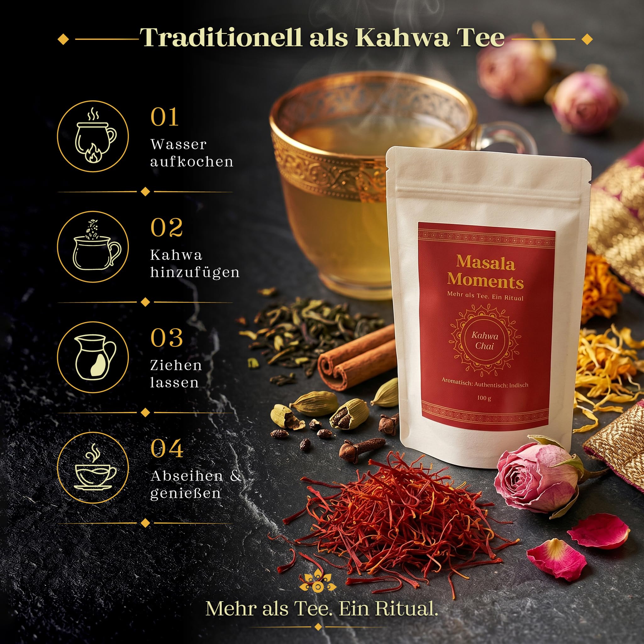 MASALA MOMENTS Kahwa Chai (100 g) – Kashmir Grüntee mit Safran & Rosenknospen | Leicht & aromatisch | Ohne künstliche Aromen | Traditioneller Gewürztee | Bis zu 35 Tassen