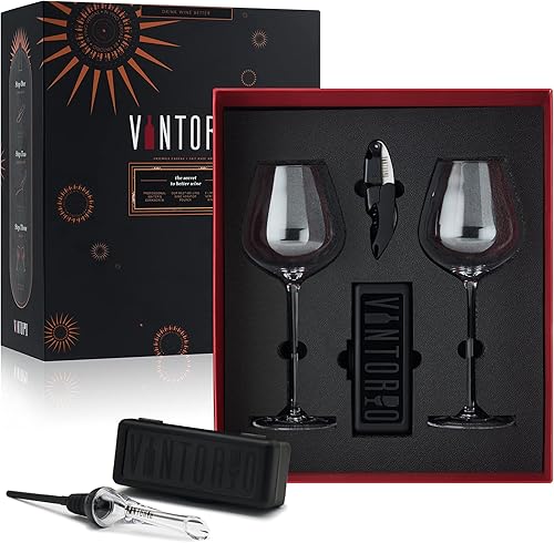 Vintorio Juego de vasos de vino, aireador y sacacorchos, caja de regalo esencial para vino, abierta, decanta y disfruta