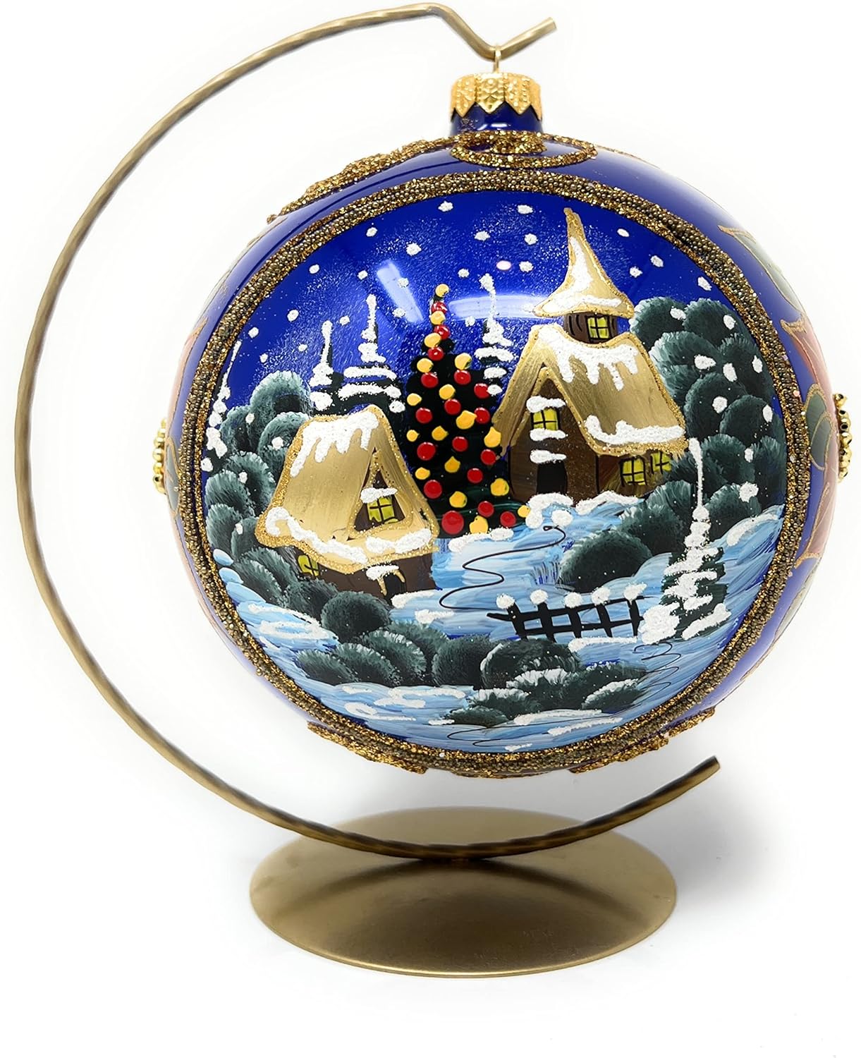 Sapphire Navy Blue Christmas Ornament Polish Blown Glass Ball Hand Painted Large Bauble 6 inch Ø/150mm Midnight Poinsettia