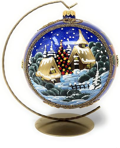 Miniatura 4 de Polish Gallery Adorno de Navidad día de invierno con flor de Pascua roja bola de vidrio soplado azul marino 5906in