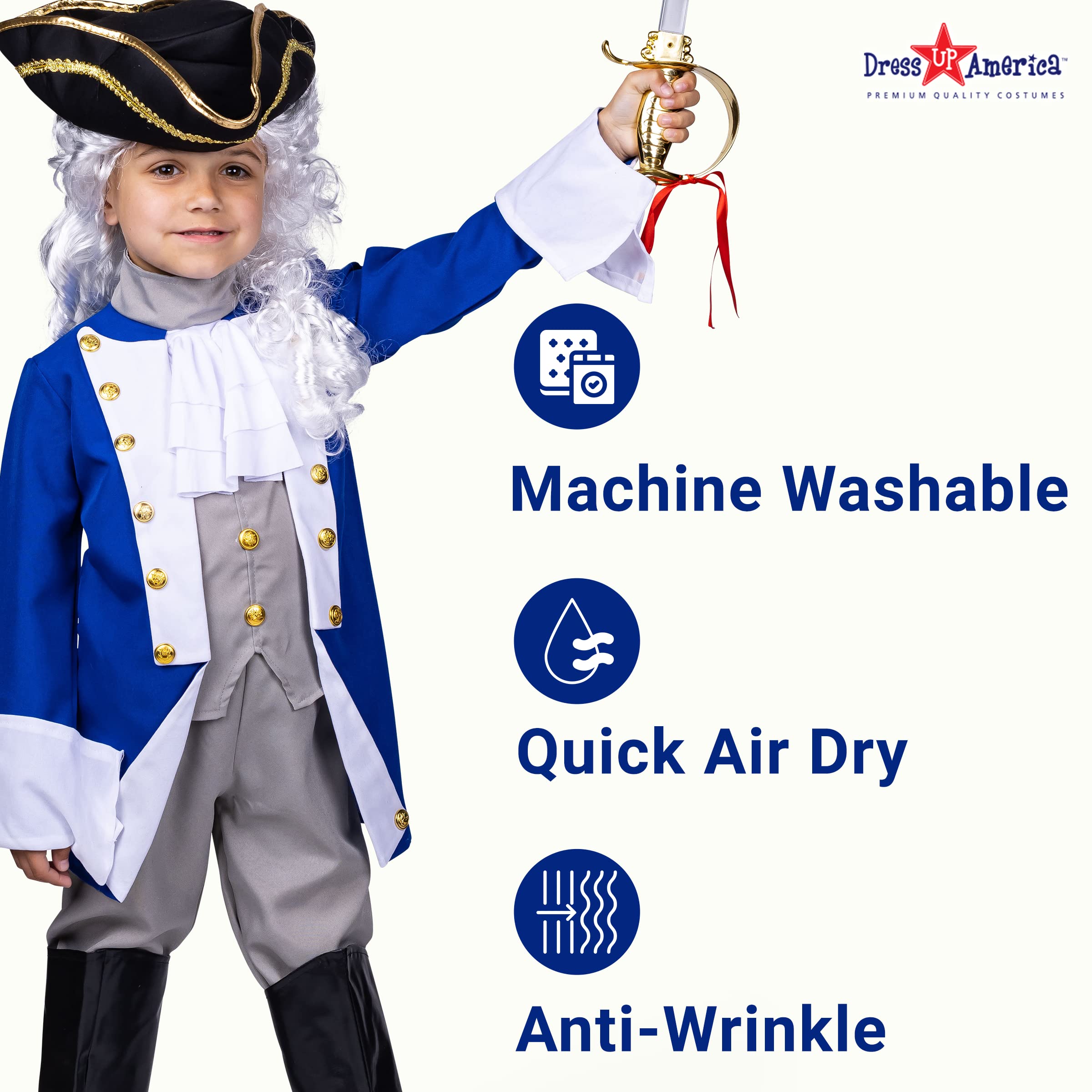 Dress Up America Kolonial-Patriot Kostüm für Jungen – Historisches Verkleidungsset mit Hut & Perücke – Fasching, Karneval, Halloween & Schulaufführungen