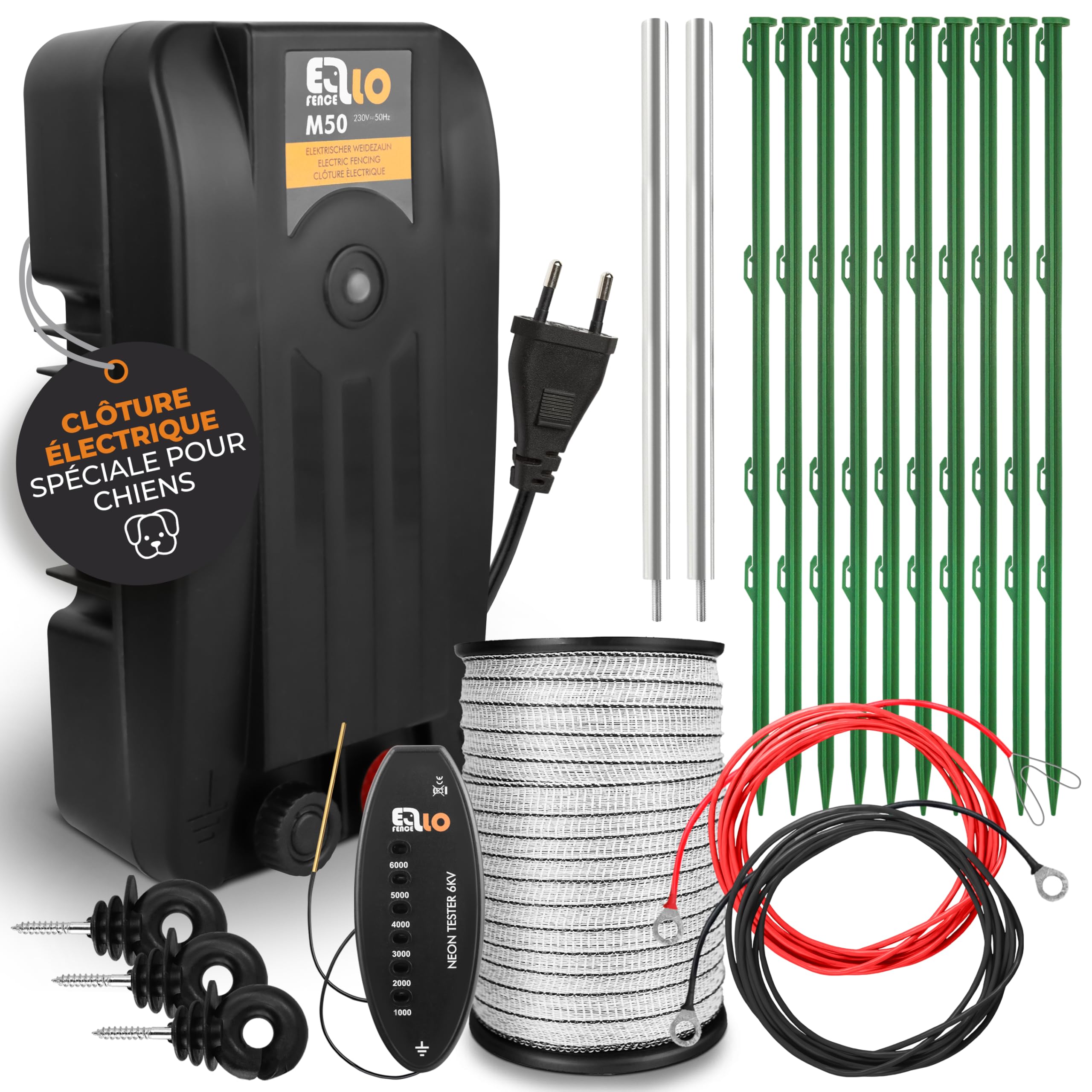 Kit Complet clôture électrique avec 200 m de Ruban - Set Complet avec Appareil Secteur, Mise à la Terre, piquets, testeur LED & isolateurs à Anneau - Idéal pour Chevaux & Animaux sensibles