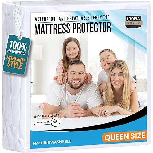 Utopia Bedding Waterproof Mattress Protector Queen Size, Premium 200 GSM Terry Mattress Cover, Soft & Breathable Bed Cover, Fitted Sheet Style with Stretchable Deep Pockets 17" (White)