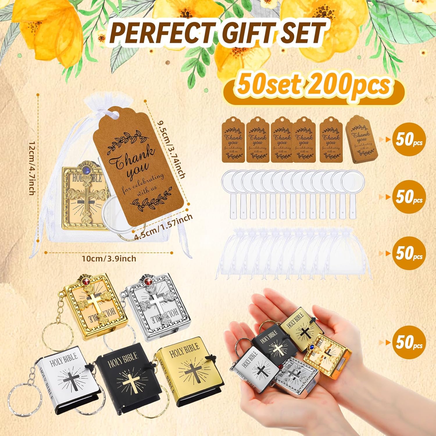 Bible Gift Set - 200 Pcs, Includes Mini Bible Verse Keychains, Thank You Tags, Organza Bags, Magnifying Glass for Church Souvenirs - Image 4