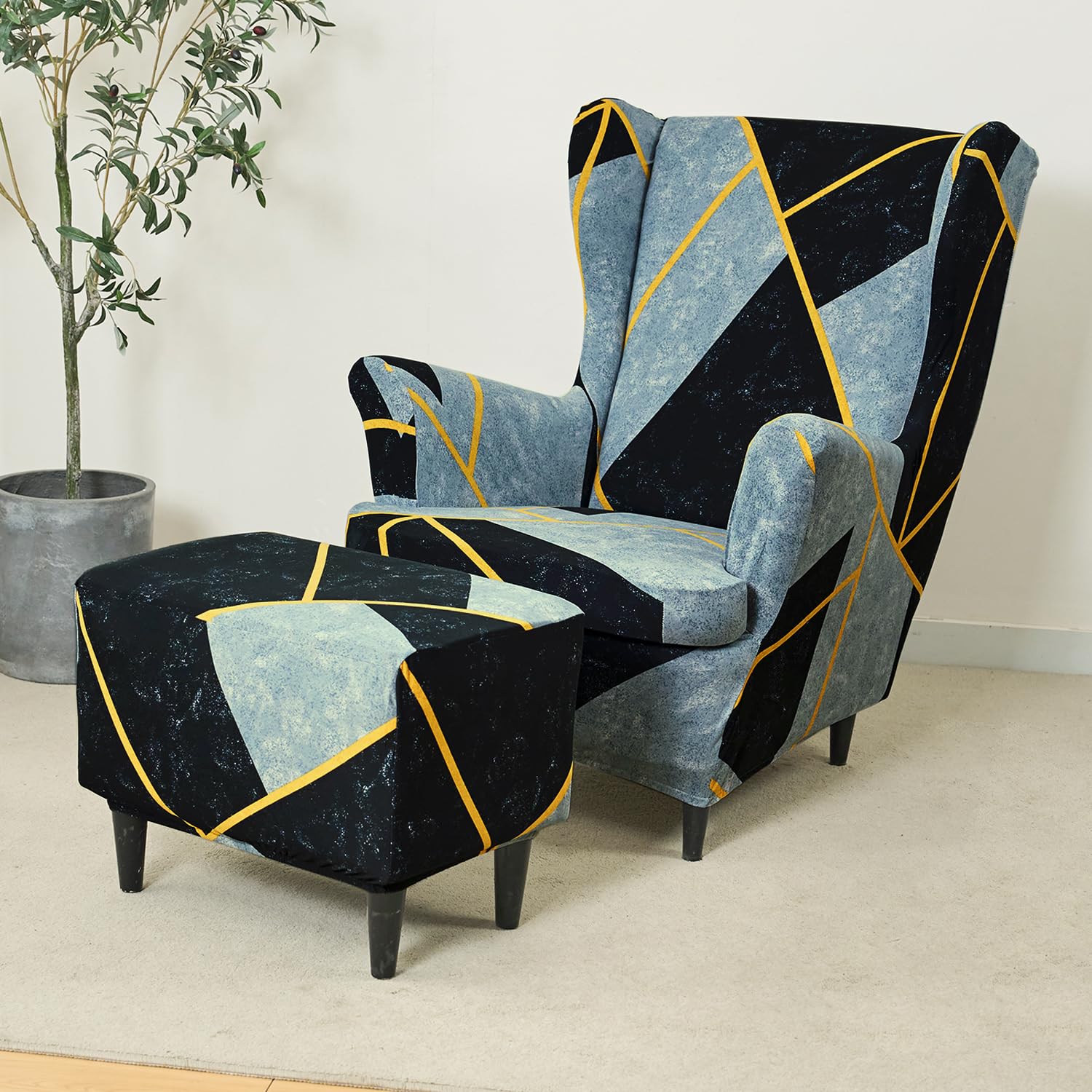 HOKIPO 'Elira Series' Polyester Blend 140gsm Fully Covered Wingback Chair Cover, Multicolor Abstract Geometry (AR-4991-C10) 3