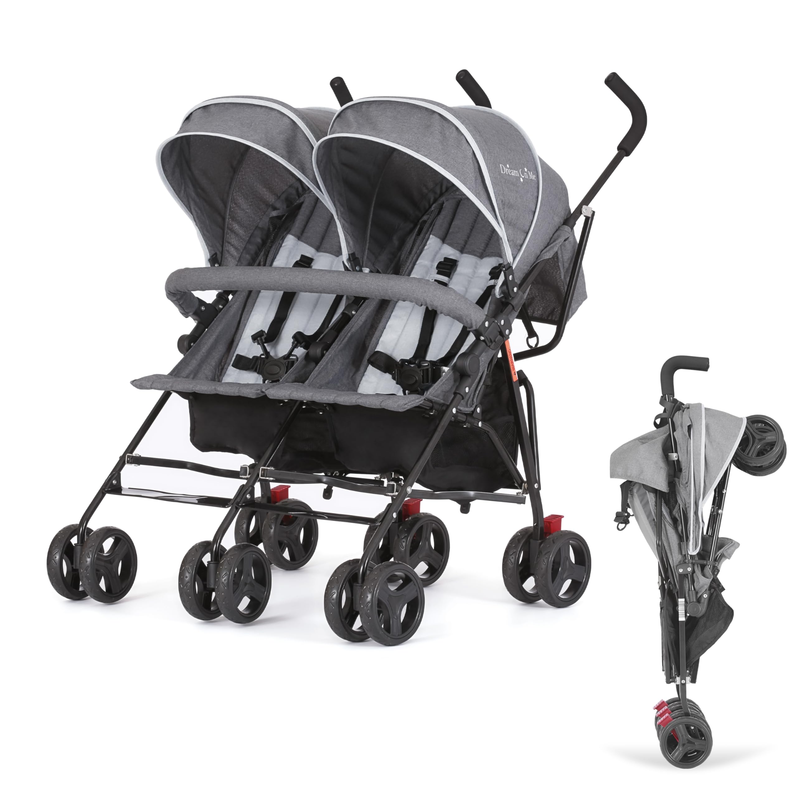 Dream On Me Volgo Twin Baby Stroller, Lightweight Side-by-Side Double Umbrella Stroller with Adjustable Canopy, 5-Point Harness, Storage Basket & Travel-Friendly Fold – Dark and Light Grey