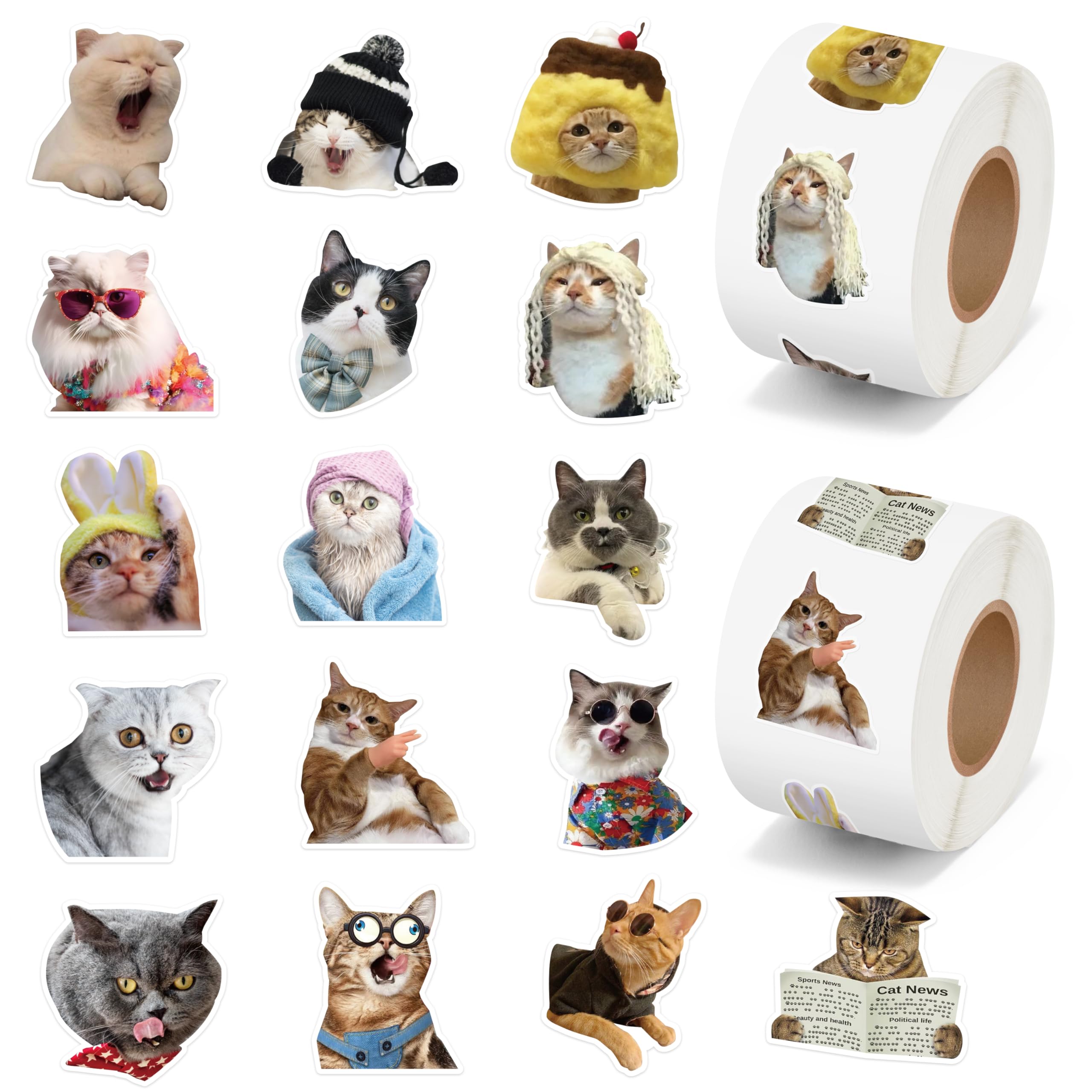 H1vojoxo Funny Cat Sticker Rolls - 1000PCS Cute Cat Stickers for Kids 16 Designs Waterproof Cats Stickers for Water Bottles Laptop Scrapbook Crafts