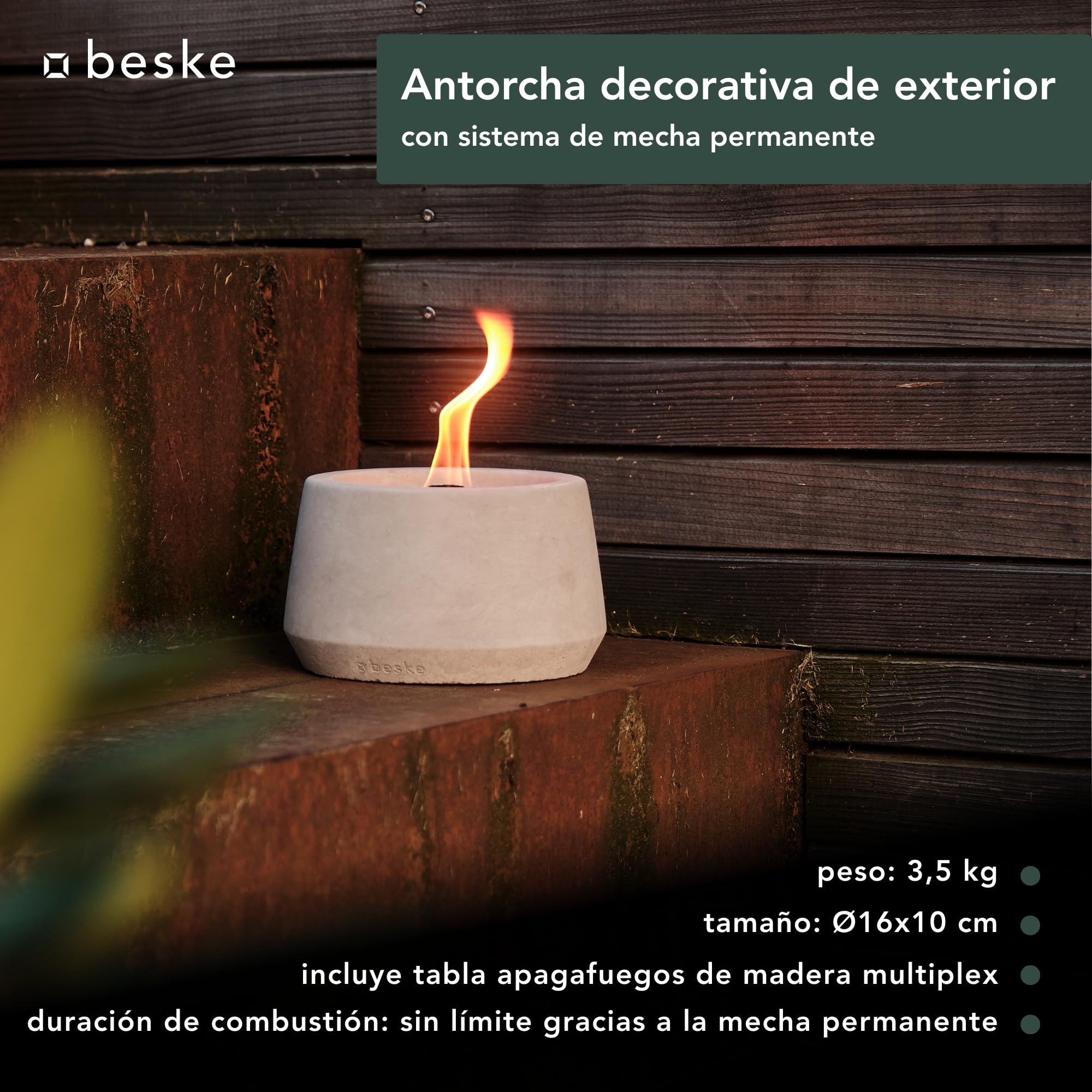 Antorcha decorativa de exterior en hormigón | Modelo Steller (⌀14 cm) | Sistema de mecha permanente, duración ilimitada | Para jardín y terraza | Hecho a mano en Alemania