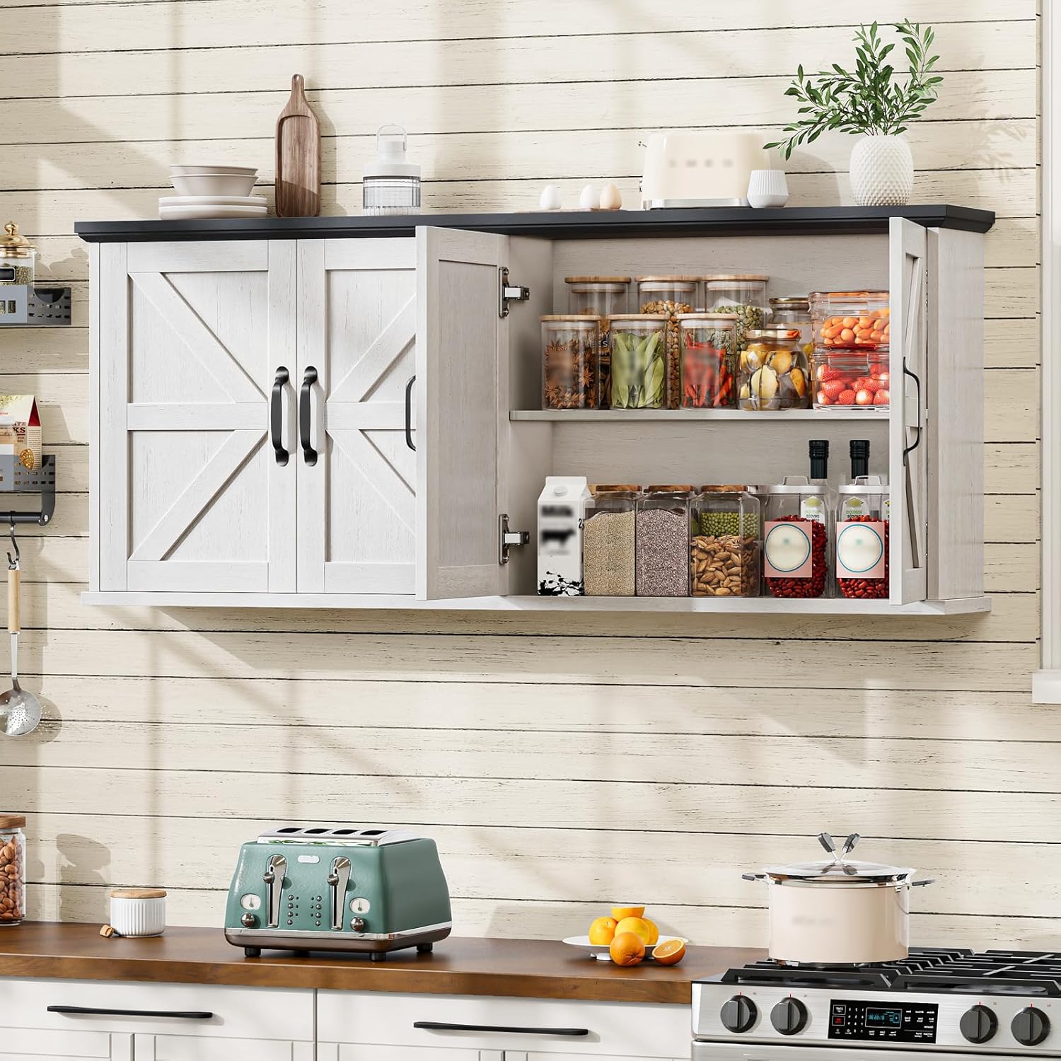 Halitaa 47" Laundry Room Cabinets and Storage with 4 Doors and Utility Adjustable Shelf, Large Wall Mounted Storage Cabinet, Upper Kitchen Cabinet for Laundry, Bathroom, and Kitchen, White and Black