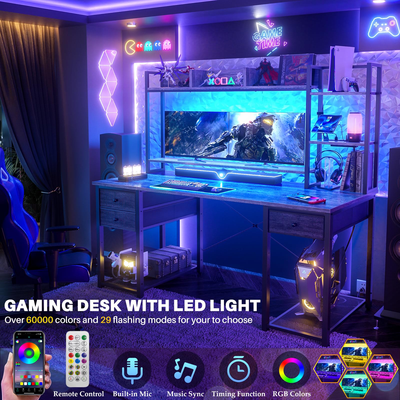 Aheaplus Desk with LED and Outlets, Gaming Desk with Hutch, 55.2'' Computer Desk with Drawers, Reversible Office Desk with Storage Bookshelf Large Workstation Desks with Shelf, Desk for Home, White: Black Oak 55.2''