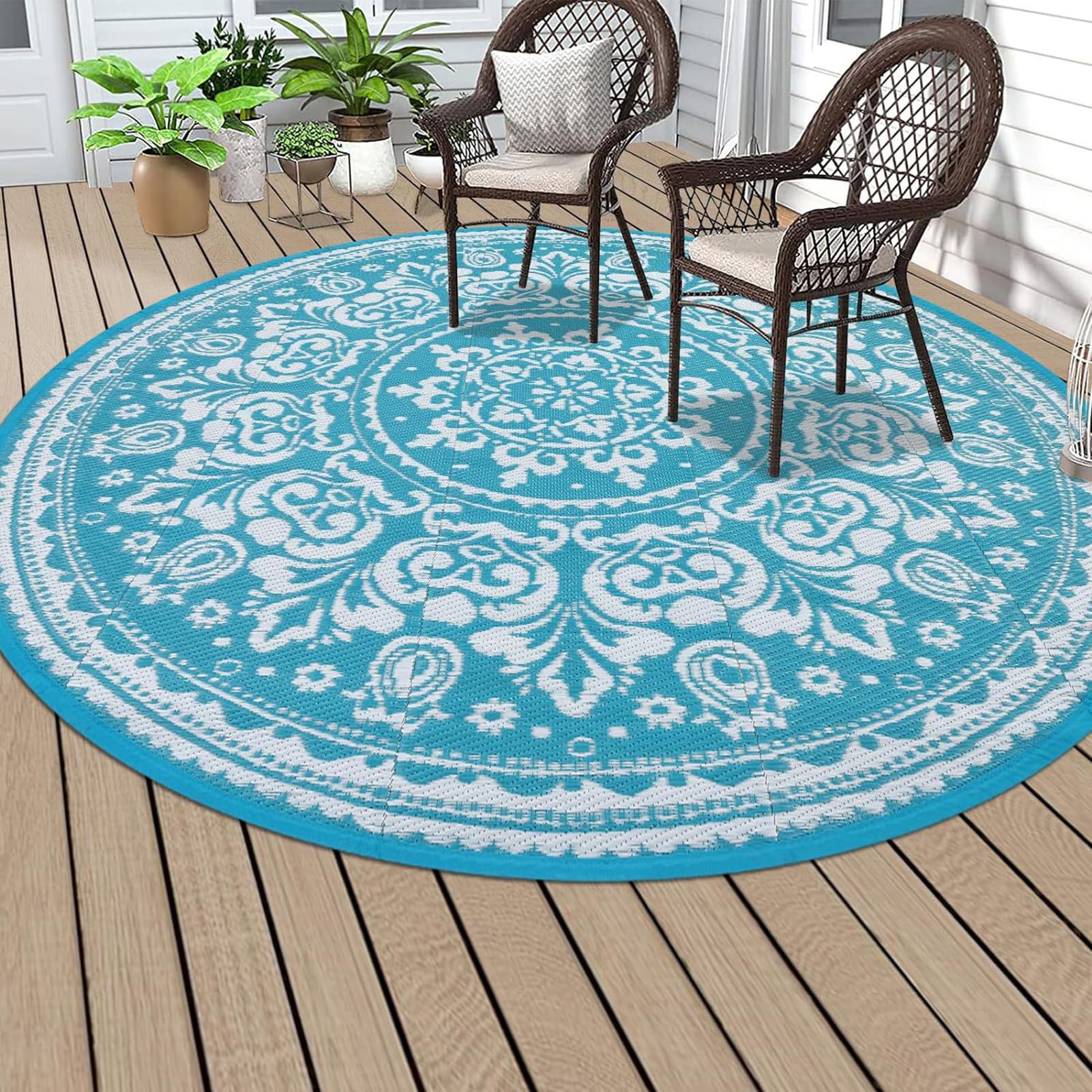 HGTRH Round Outdoor Rug 200cm, Round Garden Rug Large, Washable Foldable Crystal Velvet Outdoor Patio Rugs Weatherproof, Non Skid Outside Carpet for Backyard, Porch, Balcony, Deck