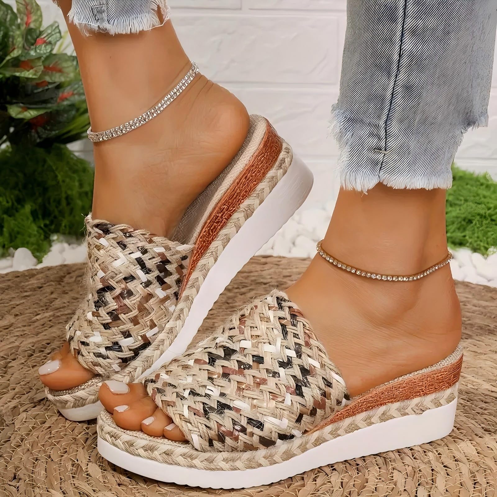 Pantofole Donna Estive Sandali con Zeppa in Tessuto e Suola Antiscivolo Design Semplice Fascia Larga Tomaia Traspirante per Uso Quotidiano