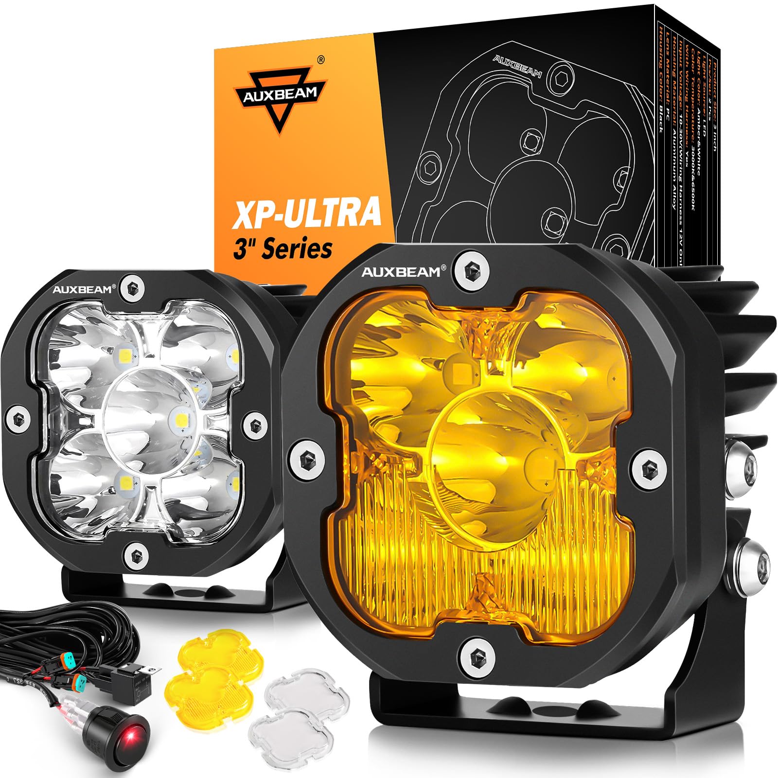 Auxbeam 3" 80W LED Pods Cube with Amber Covers, 9600LM Yellow Fog Light Pods Offroad Driving Lights, Spot Flood Combo Amber Light Bar for Jeep Wrangler Ford Truck Pickup ATV, Pair