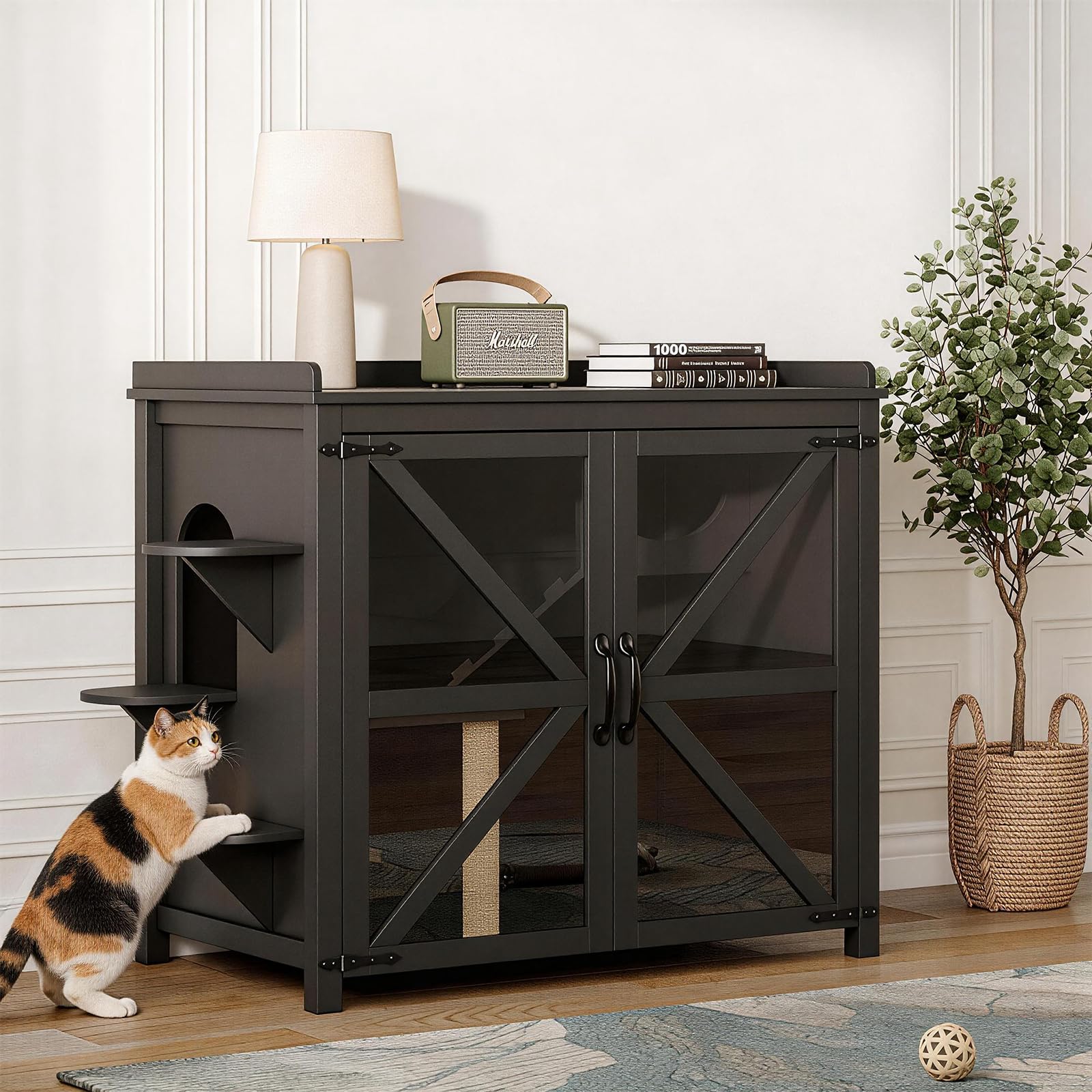 Large Litter Box Enclosure with Sisal Scratch Post, Multi-Level Climbing Route, Cat Litter Box Furniture with Glass Door, Farmhouse Hidden Litter Box Cabinet, Cat Box Enclosure, Black