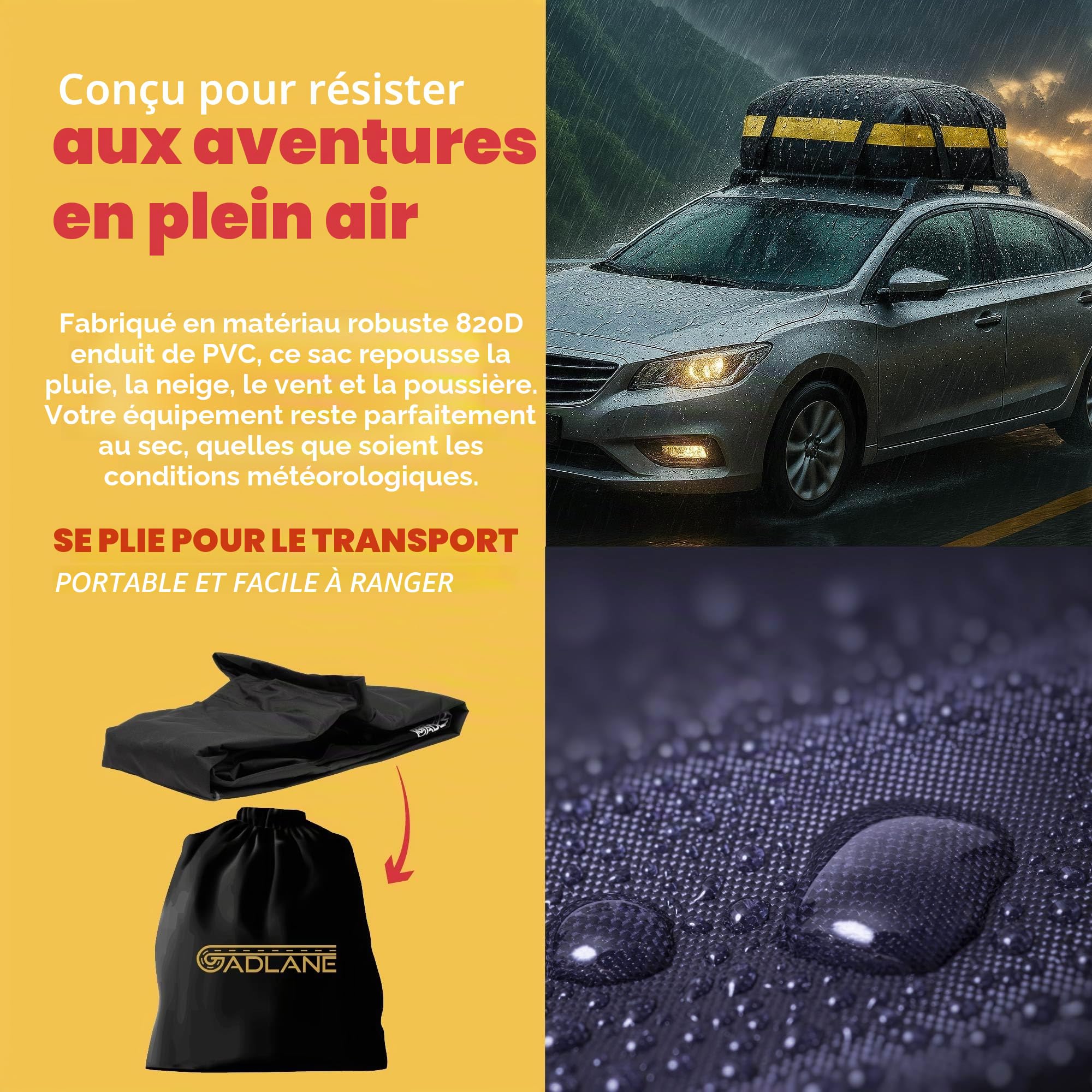 GADLANE Sac de Toit de Voiture 425L - étanche, pour Voitures avec/sans Porte-Bagages de Toit, Tapis antidérapant, 4 Crochets de Porte Robustes, Serrure à Combinaison, Sac de Rangement (Jaune)