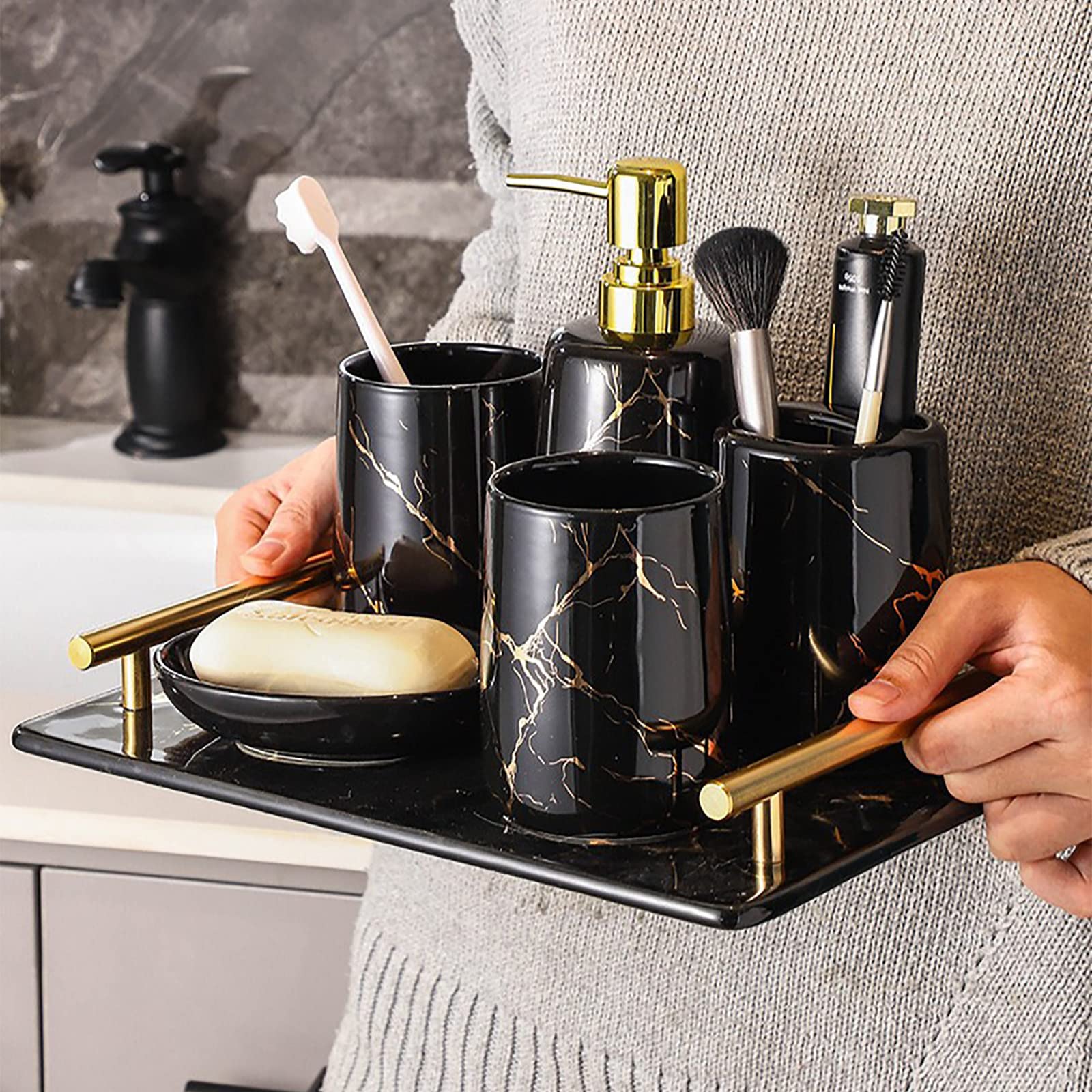 Juegos de Accesorios de baño, Acesorios Cuartos de Baño 5 Piezas con Dispensador Jabon Baño, Jabonera Baño, Porta Cepillo de Dientes, Bandeja, para Champú Gel de Ducha Cerámica