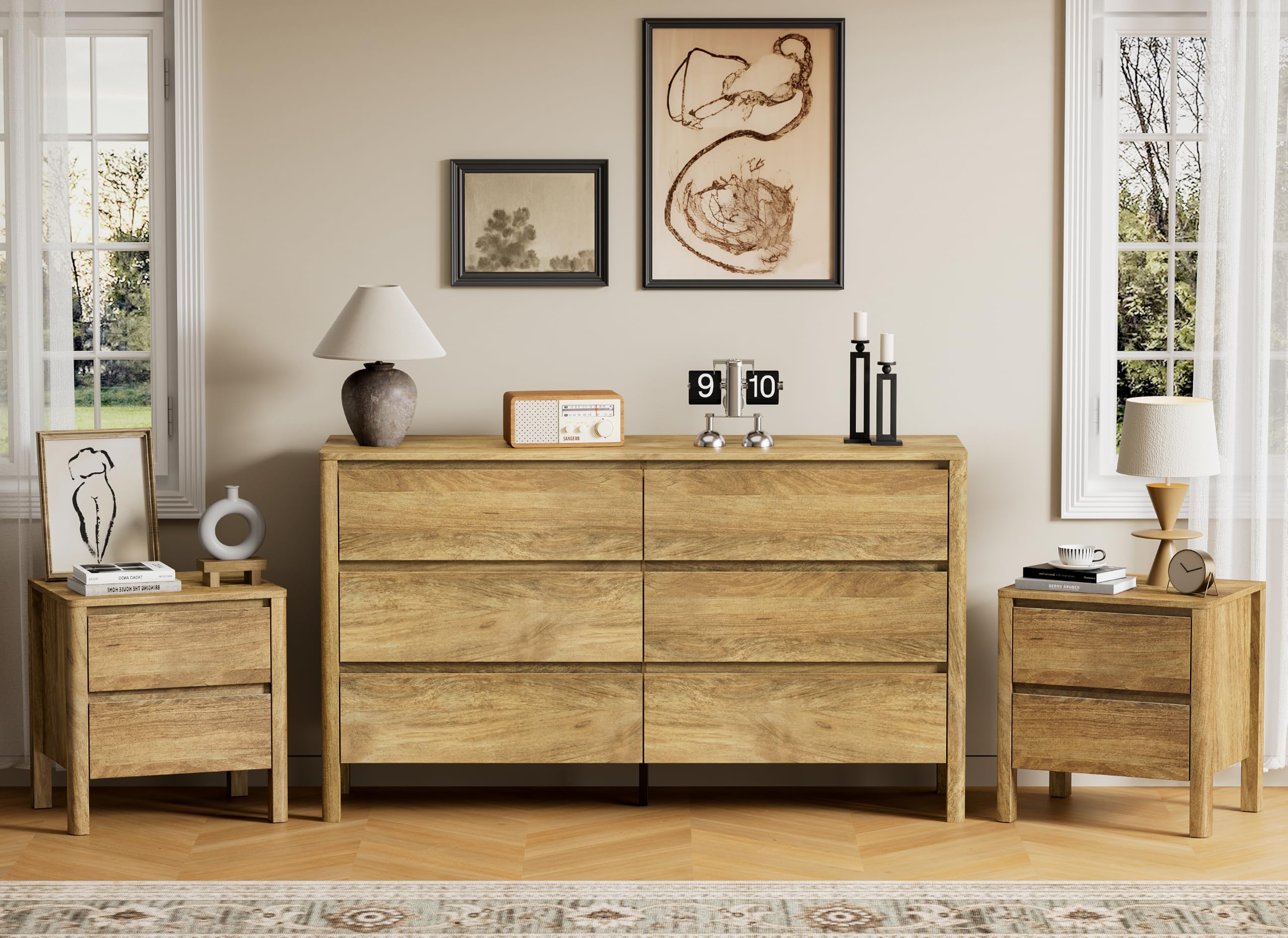 Mid-Century Modern Dresser and Nightstand Sets 3 Piece, Natural Oak