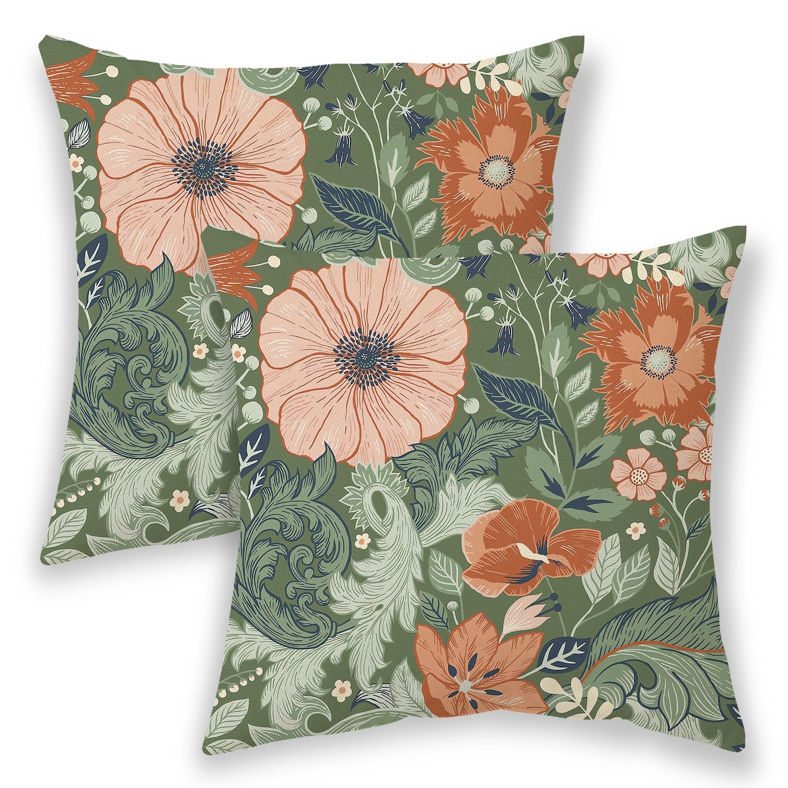 BETGINY Spring Pillow Covers 16x16 Inch 2 Pcs, Sage Green Red Vintage Flower Decorative Throw Pillows,Retro Floral Plant Summer Outdoor Seasonal Decor