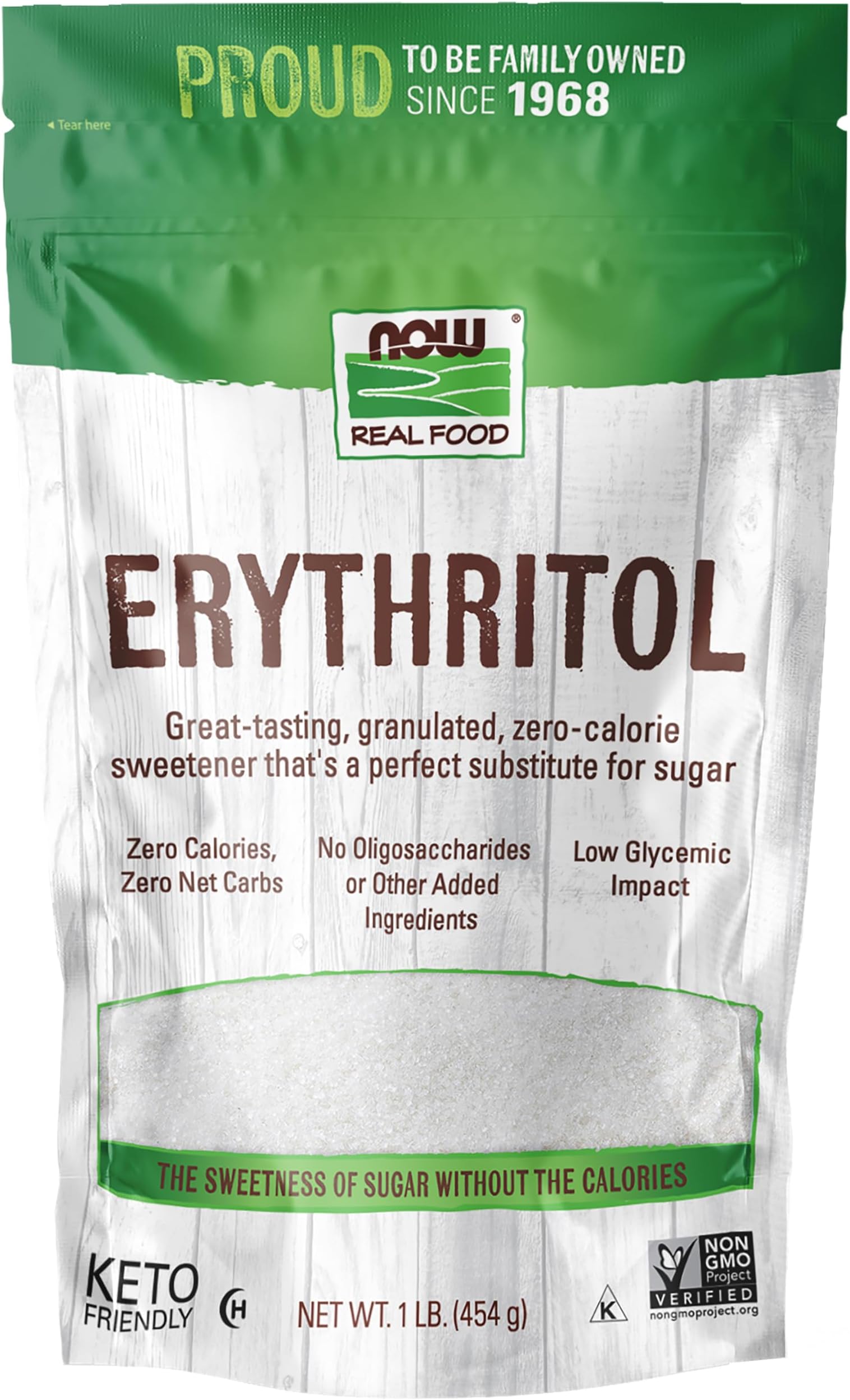 NOW Foods, Erythritol, Great-Tasting Sugar Replacement, Zero Calories, Low Glycemic Impact, Kosher, 1-Pound (Packaging May Vary)