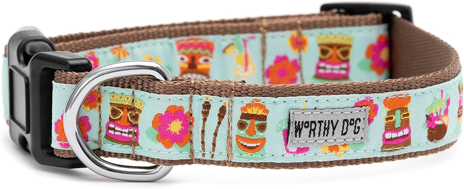 THE WORTHY DOG Collar for Large Dogs, Adjusts 15-21 inches, Durable Nylon Webbing, Quick Release Buckle, Tiki Time Pattern, Blue, Large