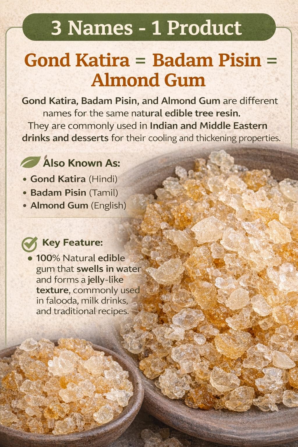 Namo - Pure Gond Katira | badam Pisin - 250 Gm | Cooling Properties | 100% Natural Superfood Almond Edible Gum