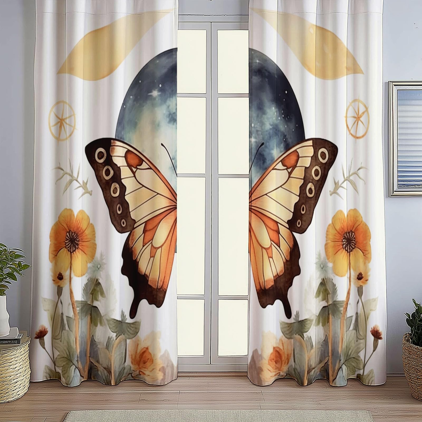 100% poliester, zasłony zaciemniające akwarelowe motyle księżyc 110 L x 215 H cm (2 panele) blokowanie oczek światło anty-UV do salonu sypialni, biała