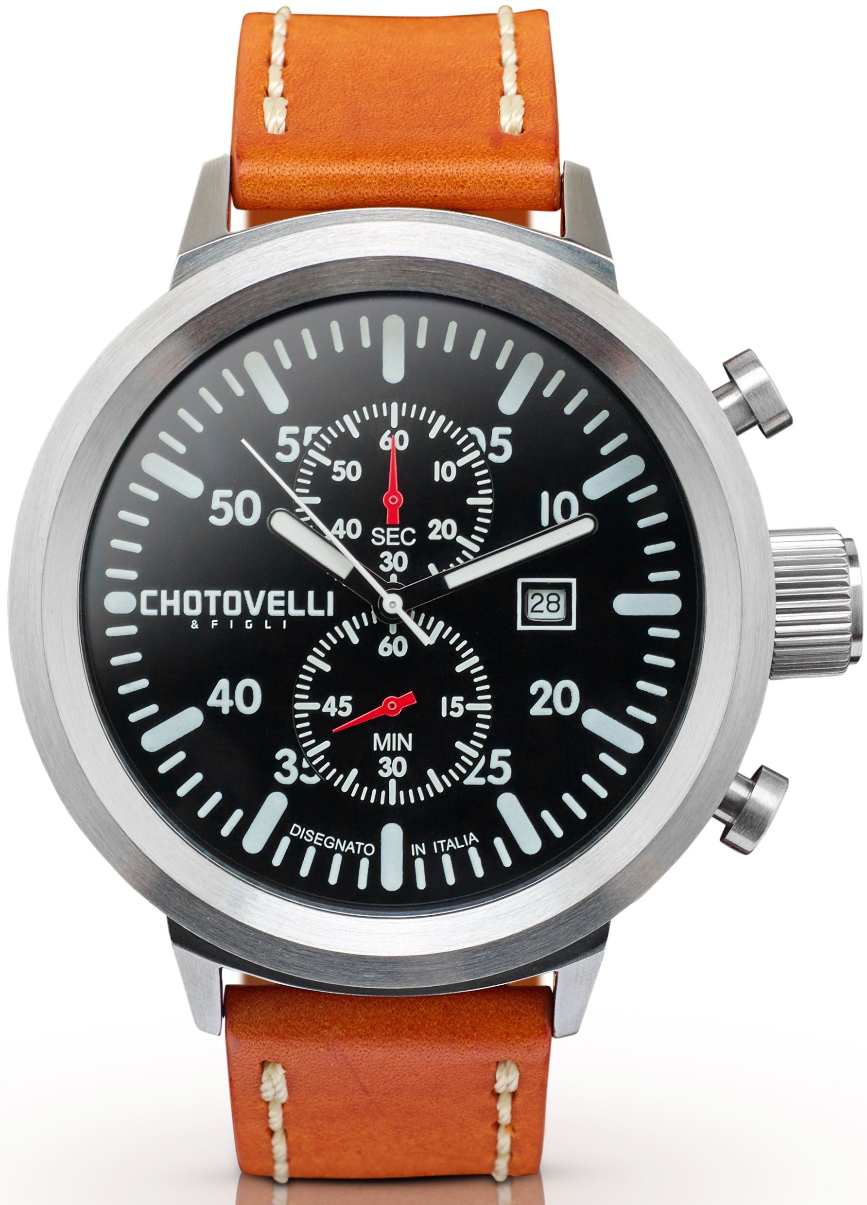 Chotovelli męski, duży zegarek, zegarek pilota 747, szafirowe szkło vintage, skórzany pasek pasek X-Large Chronograph 1
