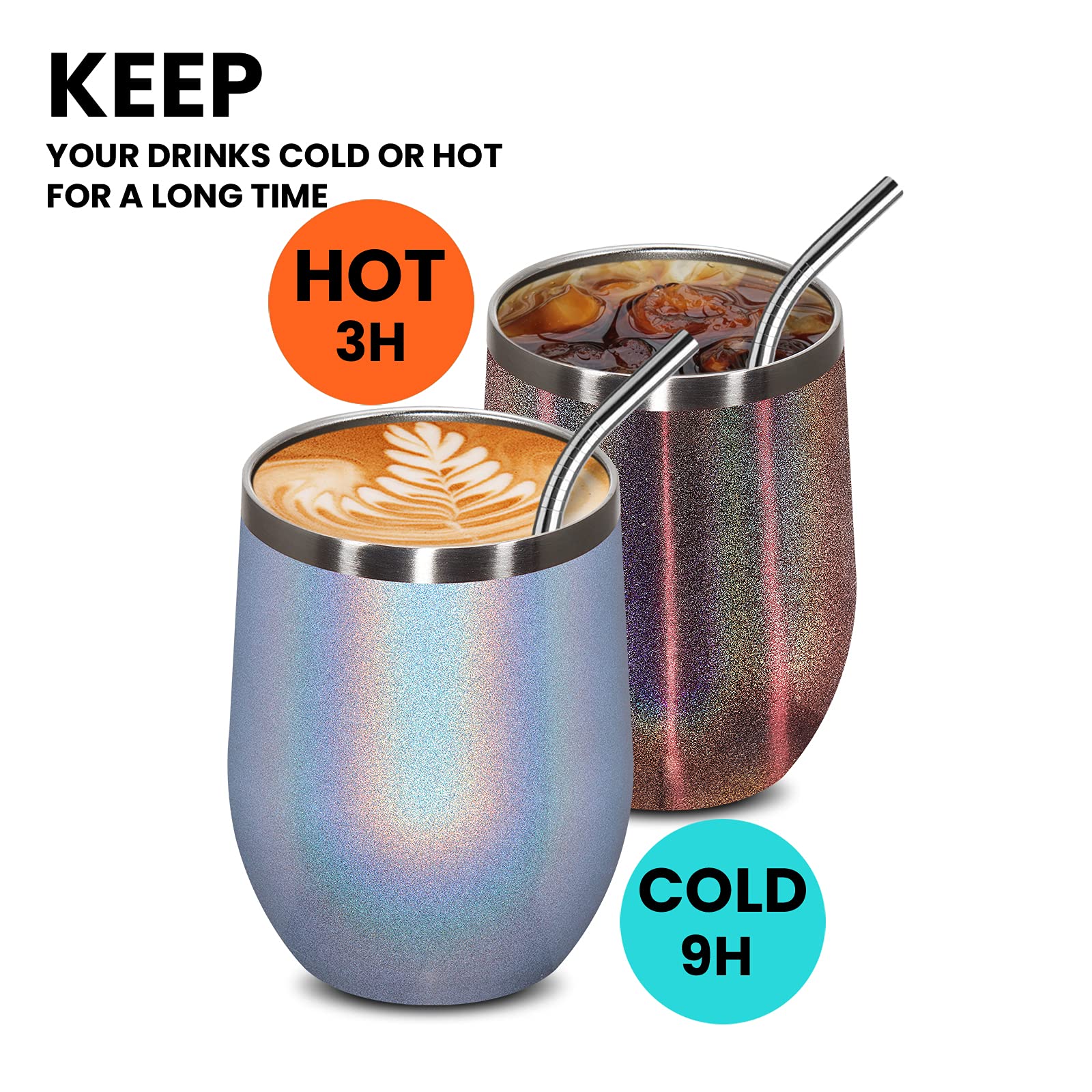 COKTIK 16 Pack 12oz Wine Tumbler with Lid and Straw, Tritter Wall Vacuum Insulated Wine Glass Vacuum Coffee Mug Stemless Cup for Coffee, Wine, Cocktails, Ice Cream