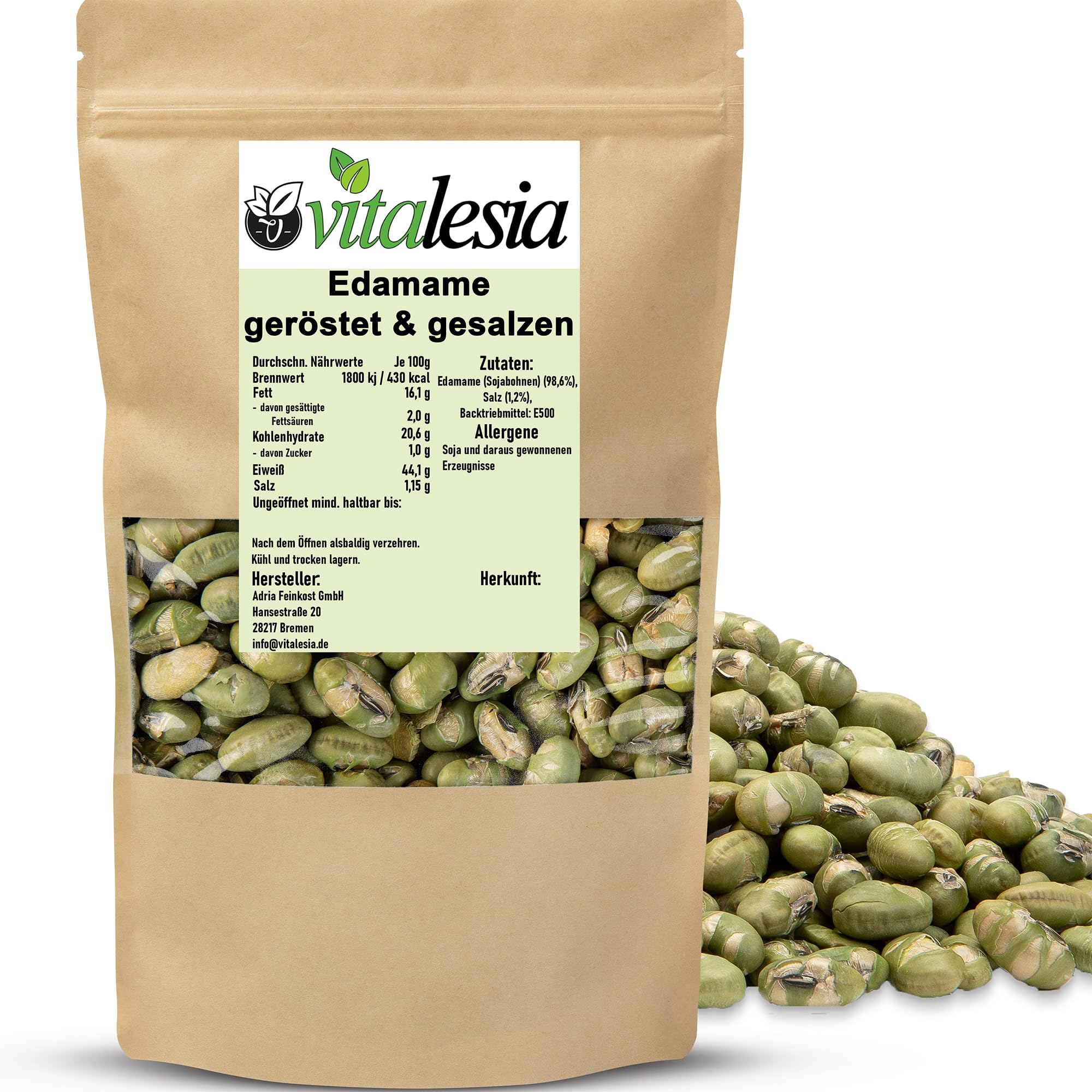 Vitalesia Edamame Bohnen 1kg | geröstet & gesalzen | Proteinreicher Snack | Premium Edamame |Frischebeutel wiederverschließbar | vegan