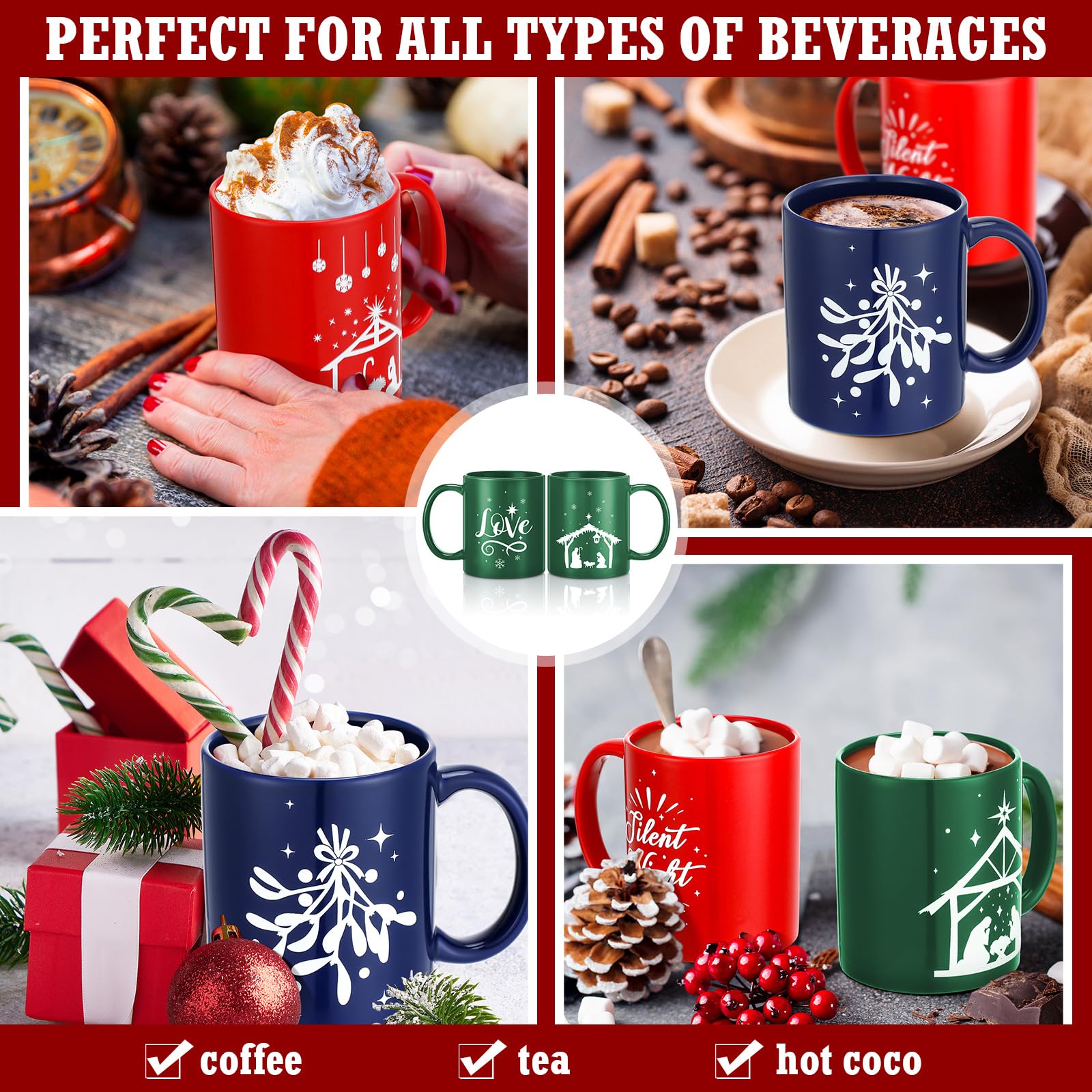 Uiifan Juego de 9 tazas de Navidad de 12 onzas, mini tazas de café de Navidad con taza de belén, tazas de cerámica para Navidad caliente o fría, centros de mesa, decoración de inauguración de la casa