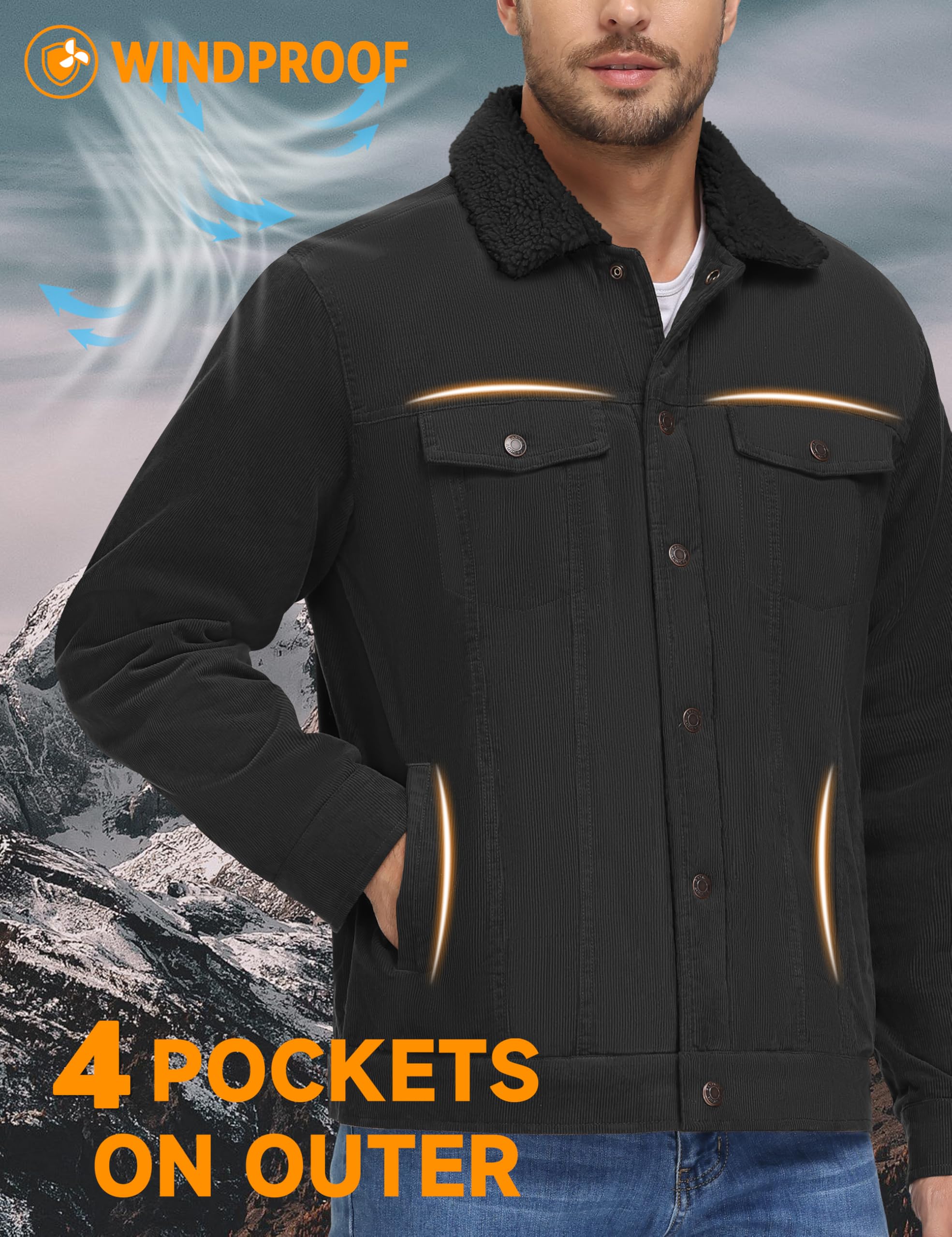 MAGNIVIT Men's Corduroy Fleece Cargo Jacket Winter Snap Button Lapel Sherpa Lined Trucker Cowboy Coat with 5 Pockets