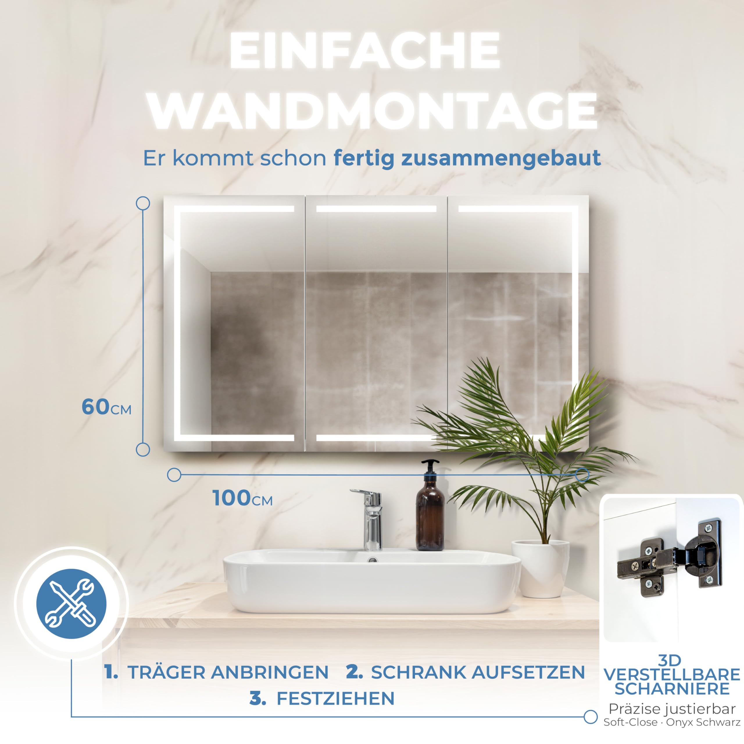 Milano Spiegelschrank Bad 100 cm, LED-Beleuchtung, Steckdose | Badspiegelschrank Weiß mit umlaufender LED-Beleuchtung, fertig montiert, Unterputz geeignet, Blum-Scharniere, Made in Europe