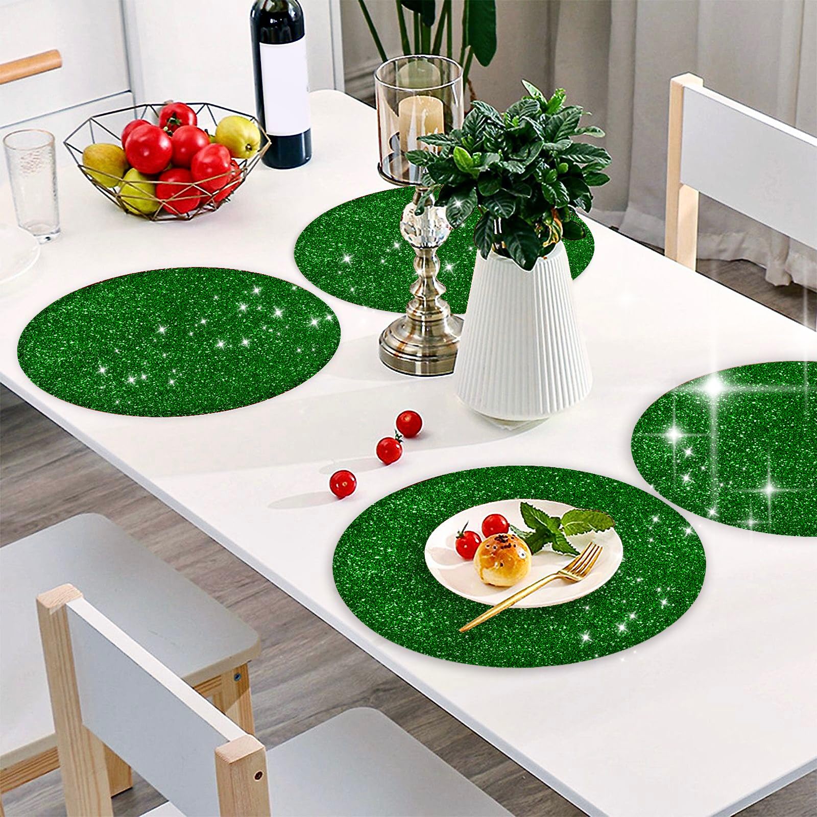 Grüne Platzsets, luxuriöses Leder, grünes Glitzer-Platzset, glitzernd, 2 Stück, grün glitzernde Tischsets für Hochzeit, Party, Zuhause, 40 cm Küche, Haushalt & Wohnen