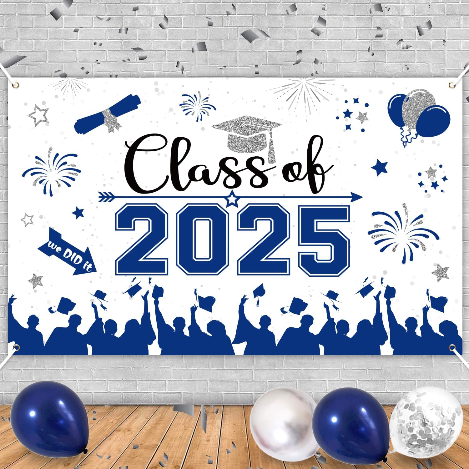 2024 Graduation Backdrop Banner, 70" x 42" Navy Blue and Silver Graduation Banner Class of 2024 Polyester Fabric for 2024 Graduation Party Decorations Photo Booth Props