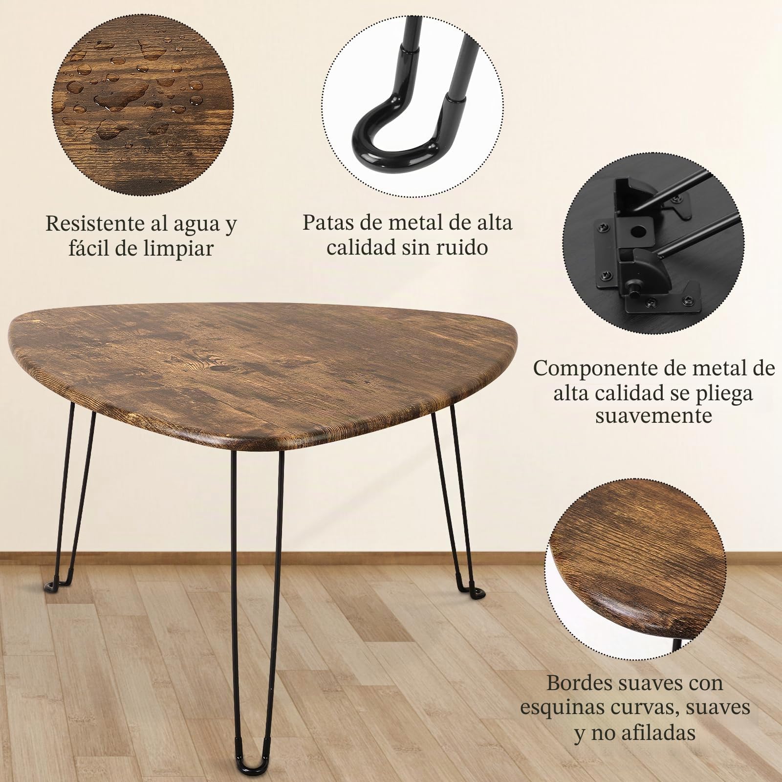 Mesa De Centro Plegable Patrón Triangular, Mesa Decorativa Ovalada De Madera De Medios De Siglo Con Patas De Metal, Tamaño 72D X 72 W X 42,5 H Centímetros