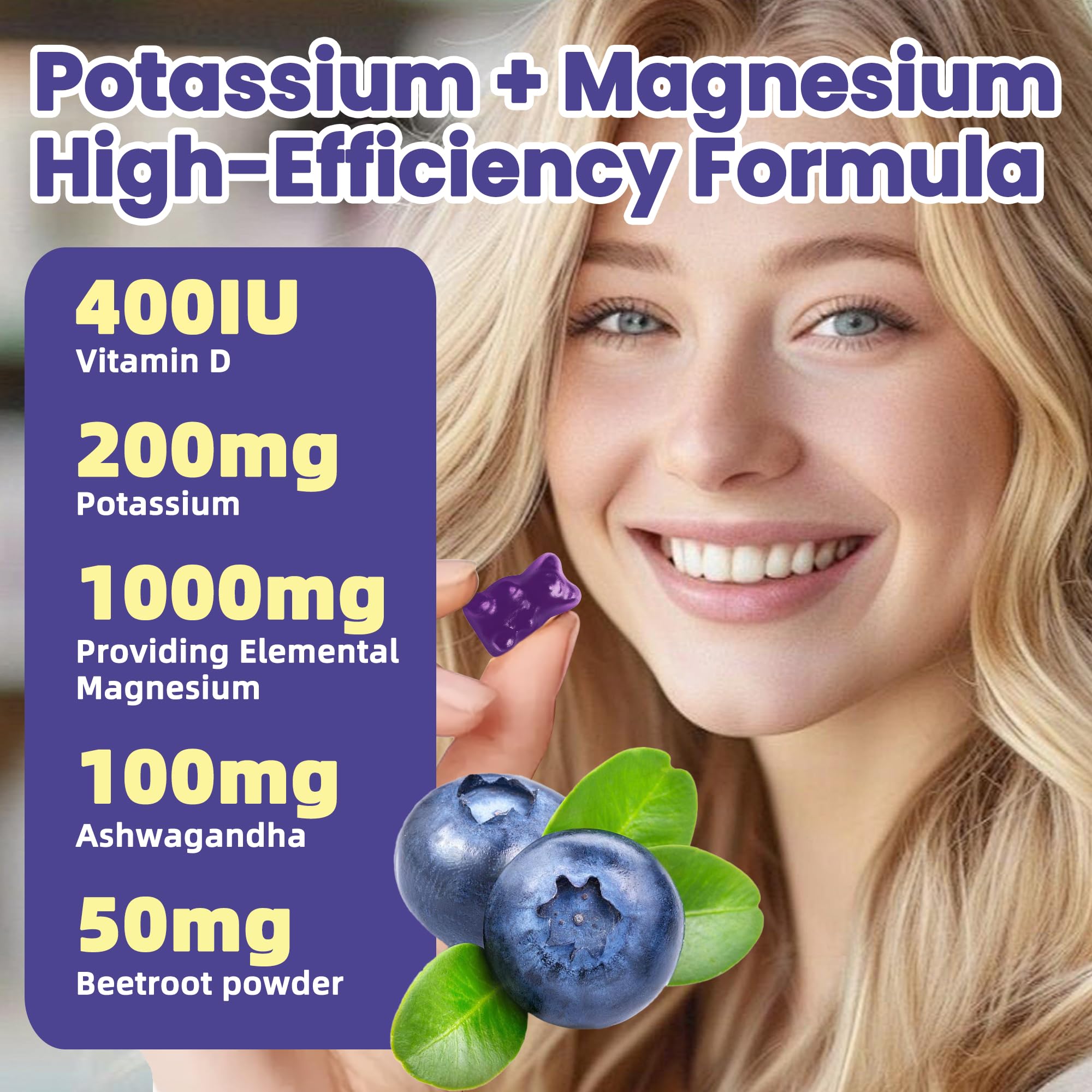Potassium Magnesium Gummies,High Absorption Magnesium Glycinate,B6,D3,Potassium Citrate for Leg Cramps,Muscle,Electroyte for Adults Kids,Sugar-Free, 60 Gummies (Blueberry Flavor) — Amazon image 7