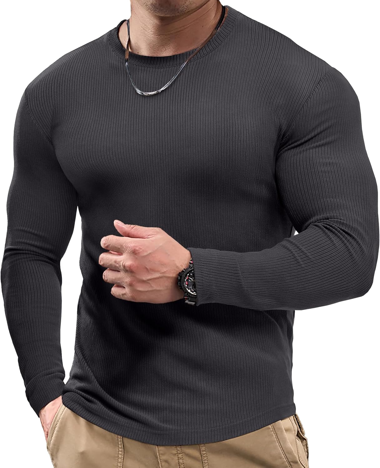 JMIERR Mens Muscle Shirt Slim Fitted Long Sleeve Anti-Wrinkle Casual Workout Gym T Shirts Crewneck